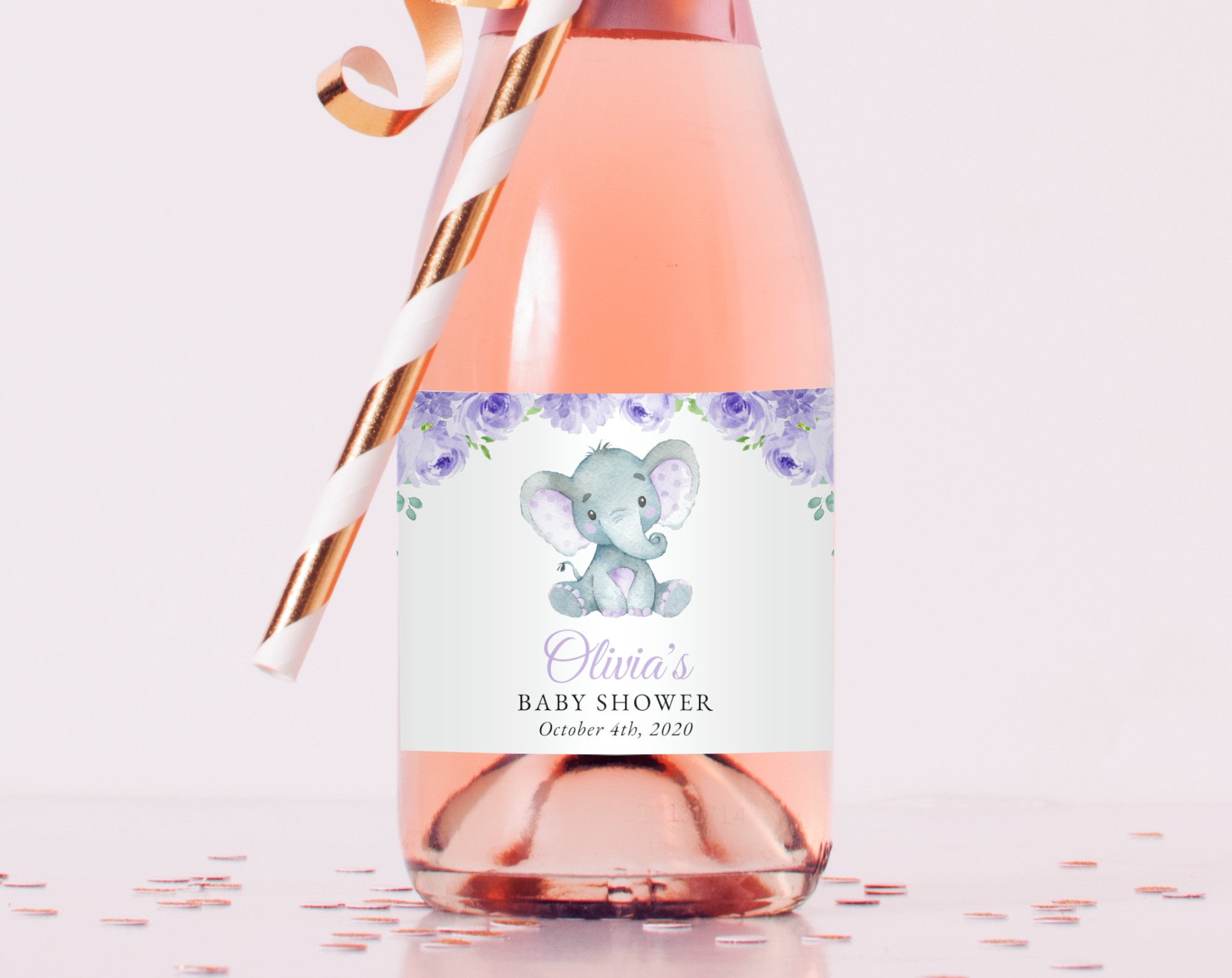 Cute Elephant Mini Champagne Labels, Baby Shower Decoration, Girl Baby Shower, Printable File, Edit Yourself, SH18
