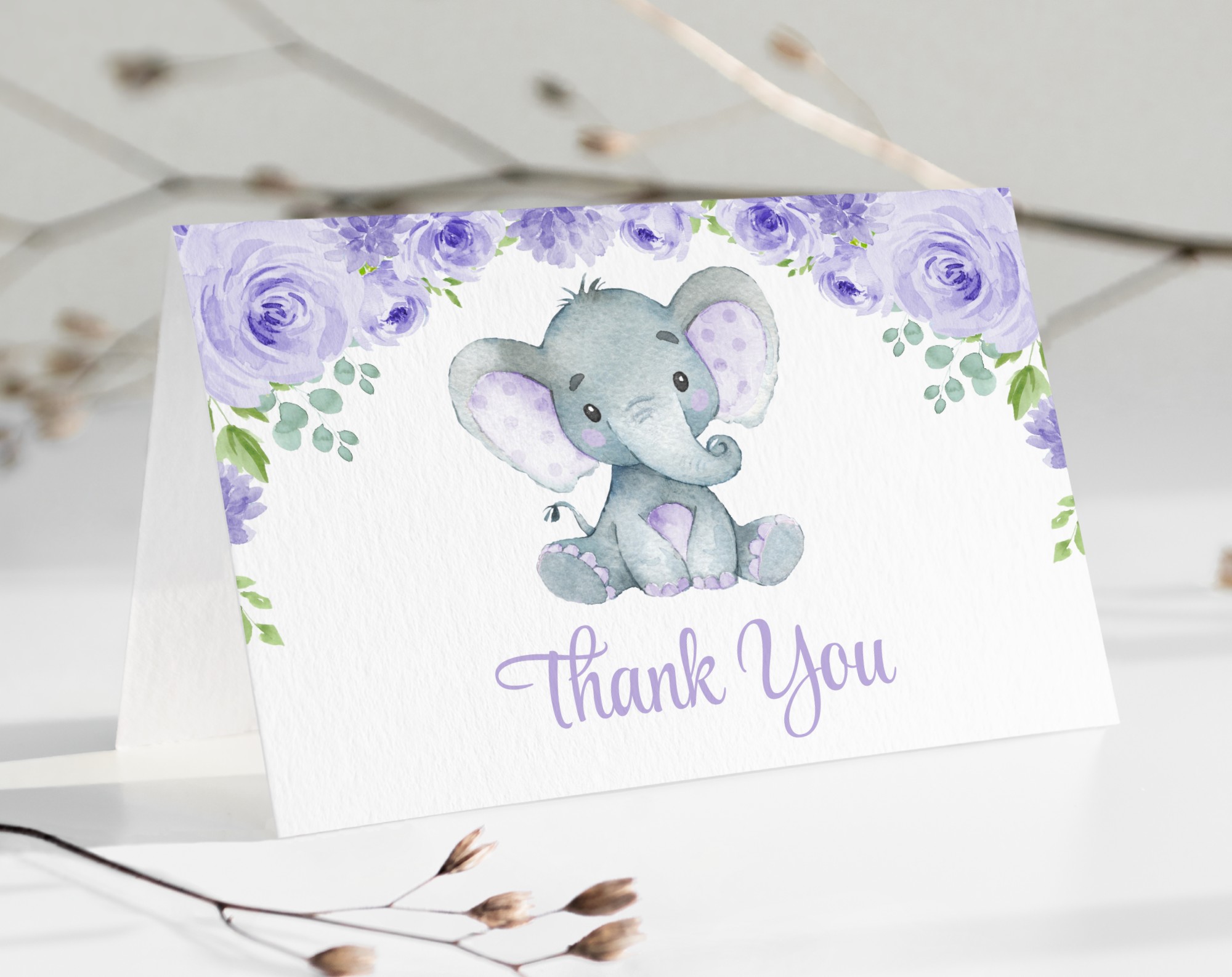 Cute Elephant Thank You Card, Girl Baby Shower, Printable File, Edit Yourself, SH18 Cute Elephant Thank You Card, Girl Baby Shower, Printable File, Edit Yourself, SH18