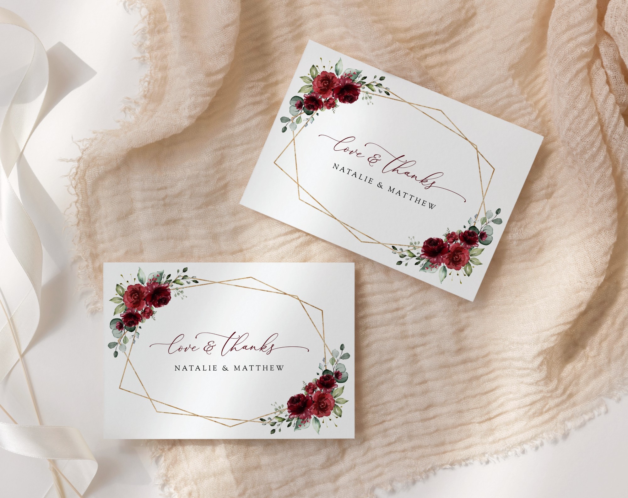 Burgundy Red Flowers Thank You Card - Wedding Stationery