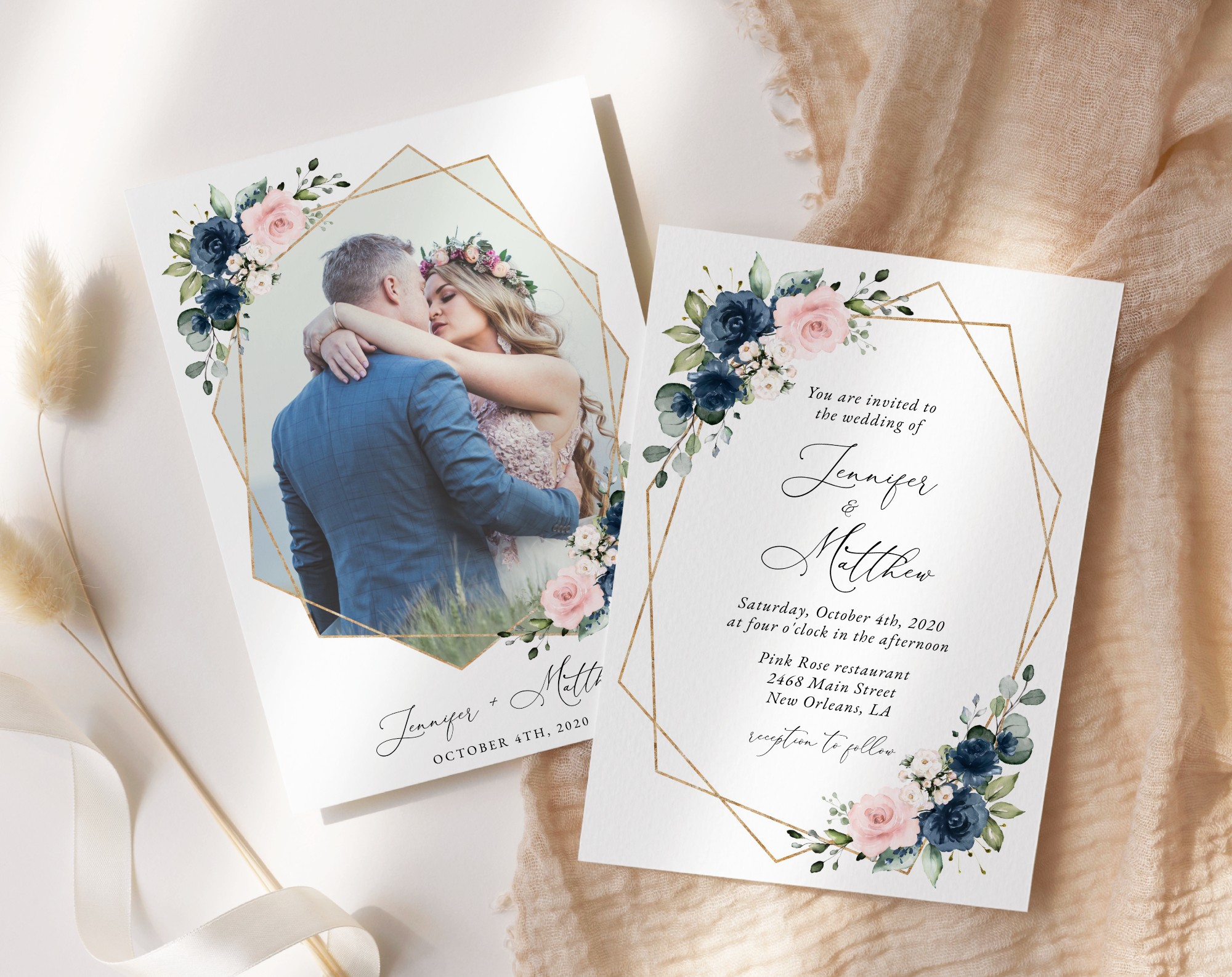 Blush buying Pink Floral Watercolor Wedding Invitation Suite - Flowers - Pink and Navy