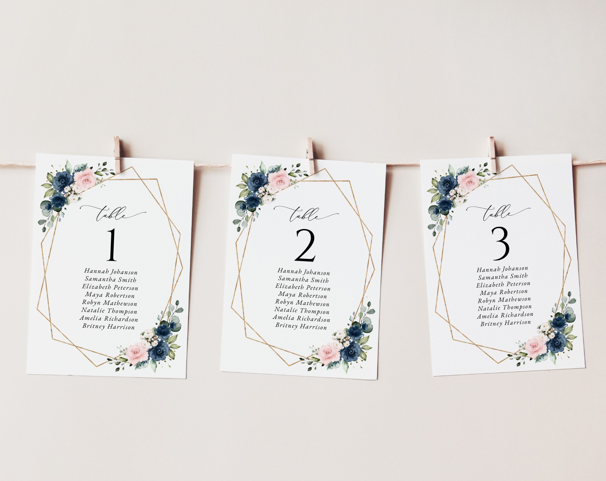 Navy and Pink Flowers Seating Cards, Wedding Stationery, Printable File, Edit Yourself, SH35