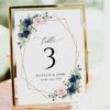 Navy and Pink Flowers Table Number Sign, Wedding Sign, Printable File, Edit Yourself, SH35