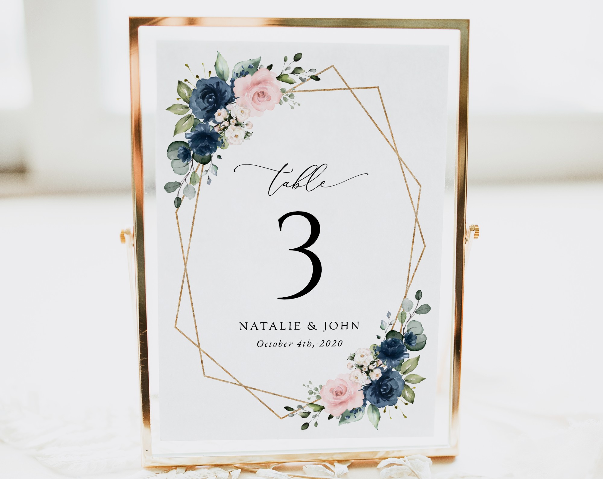 Navy and Pink Flowers Table Number Sign, Wedding Sign, Printable File, Edit Yourself, SH35