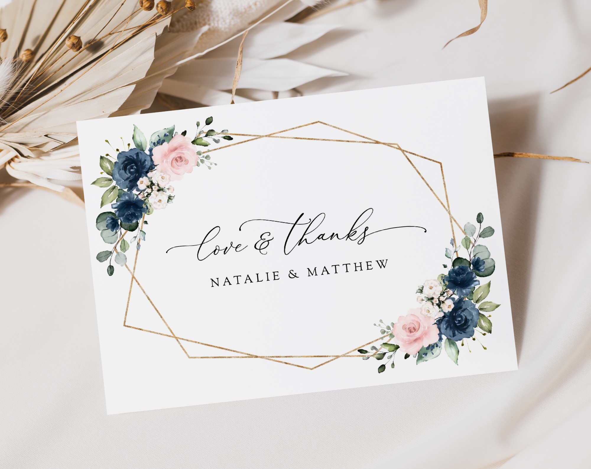 Navy and Pink Flowers Thank You Card, Wedding Stationery, Printable File, Edit Yourself, SH35