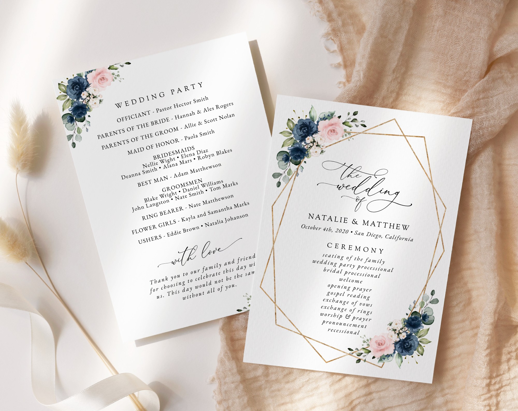 Navy and Pink Flowers Wedding Program - Itinerary