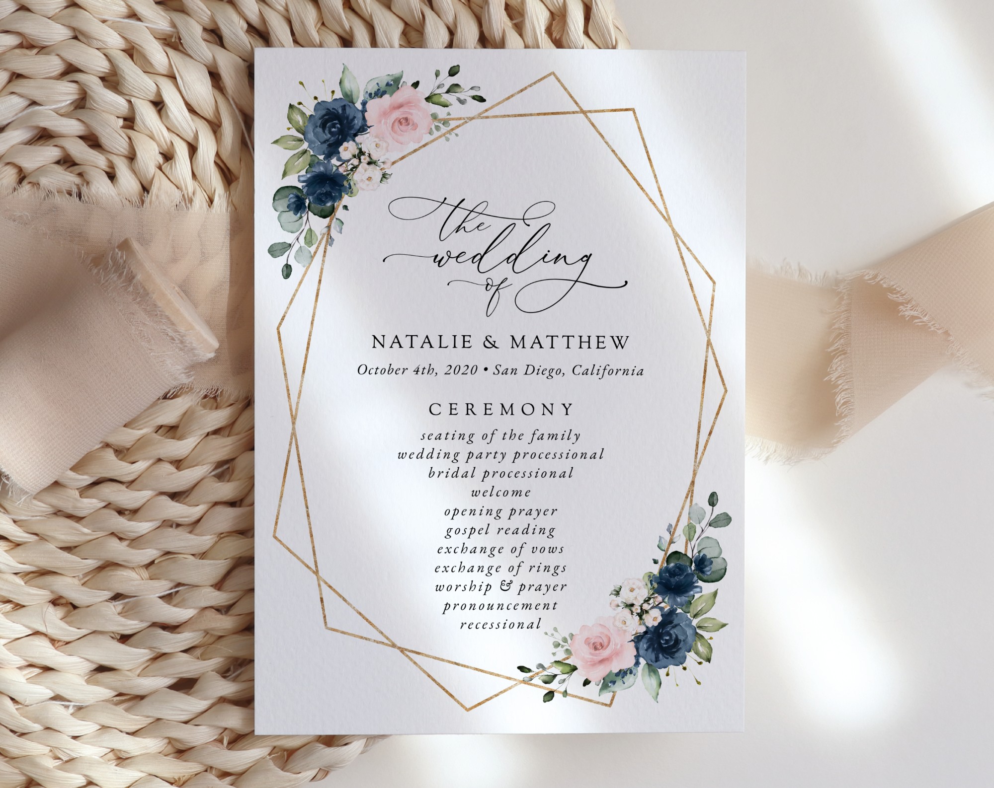 Navy and Pink Flowers Wedding Program, Wedding Stationery, Printable File, Edit Yourself, SH35