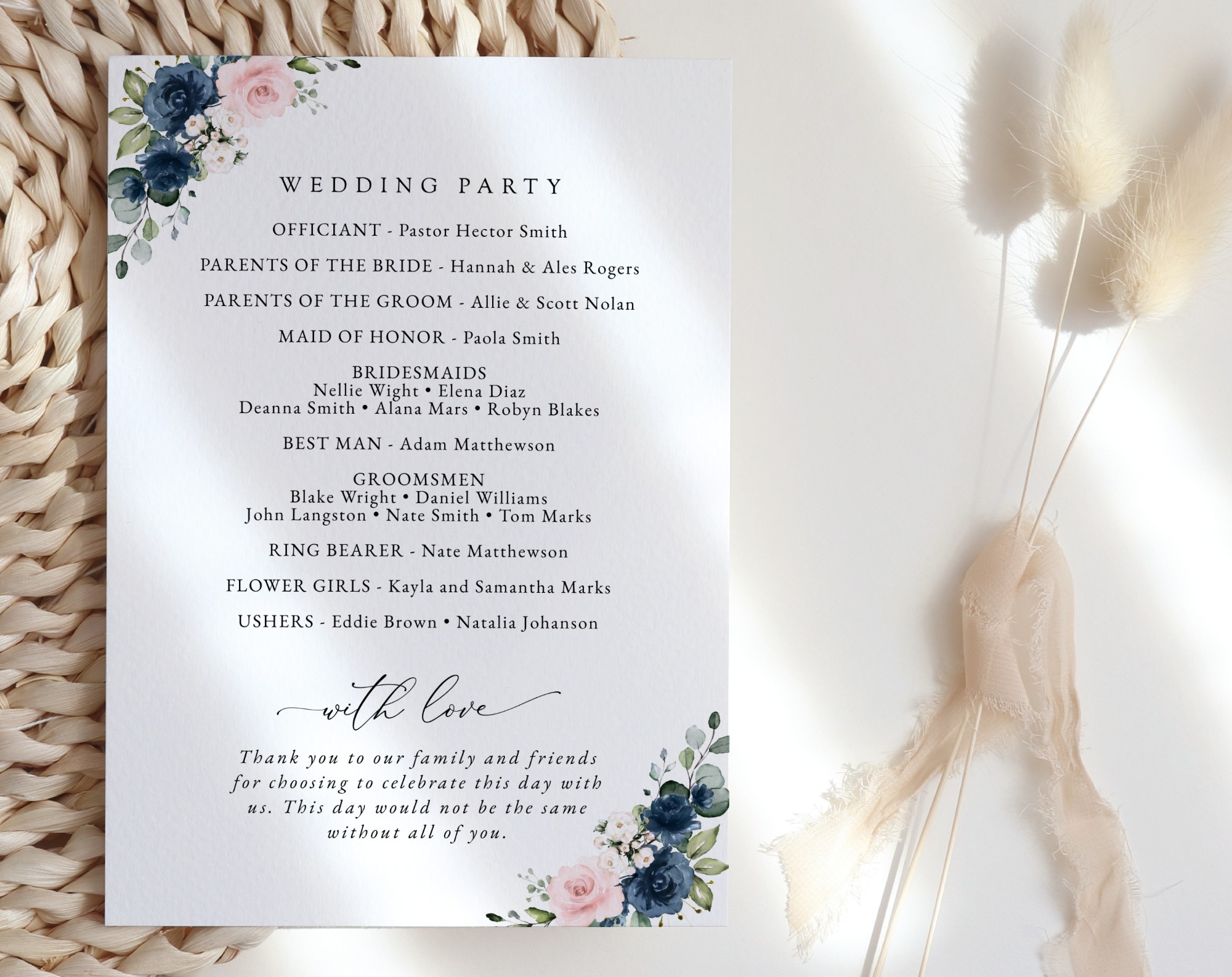Navy and Pink Flowers Wedding Program, Wedding Stationery, Printable File, Edit Yourself, SH35