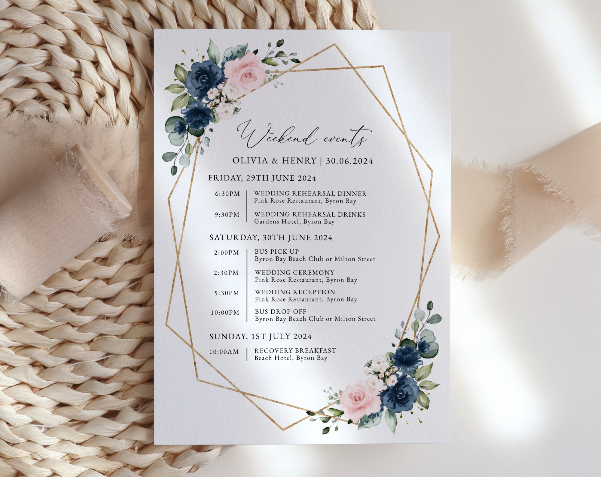 Navy and Pink Flowers Wedding Timeline, Wedding Stationery, Printable File, Edit Yourself, SH35
