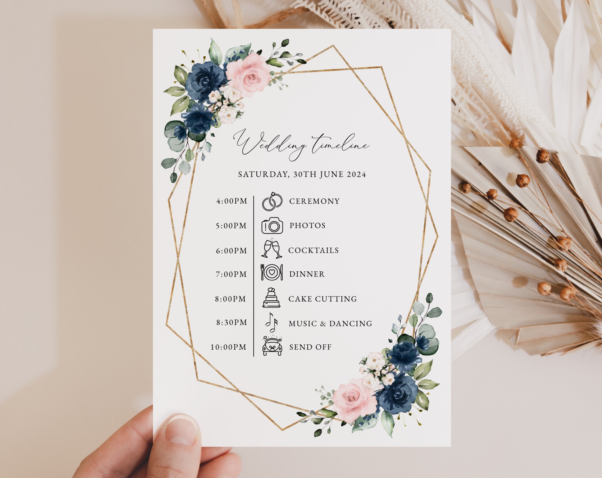 Navy and Pink Flowers Wedding Timeline, Wedding Stationery, Printable File, Edit Yourself, SH35