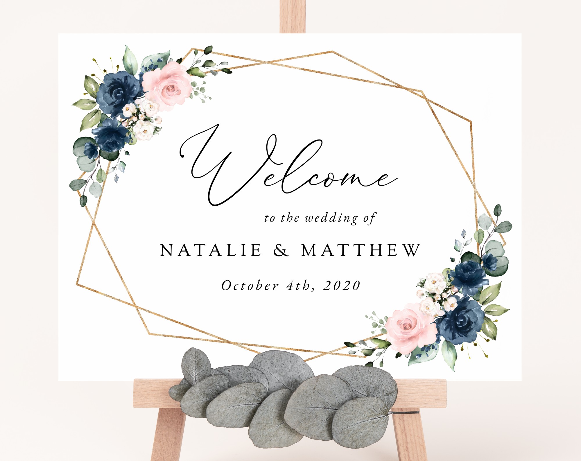 Navy and Pink Flowers Welcome Sign, Wedding Sign, Printable File, Edit Yourself, SH35