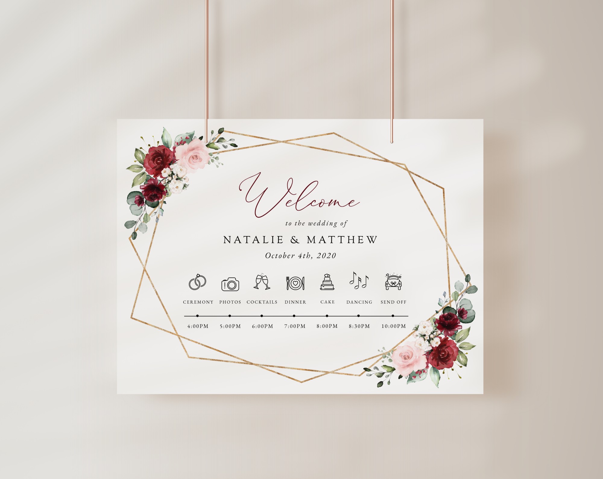 Burgundy and Pink Flowers Order of Events Sign, Welcome Sign, Printable File, Edit Yourself, SH36