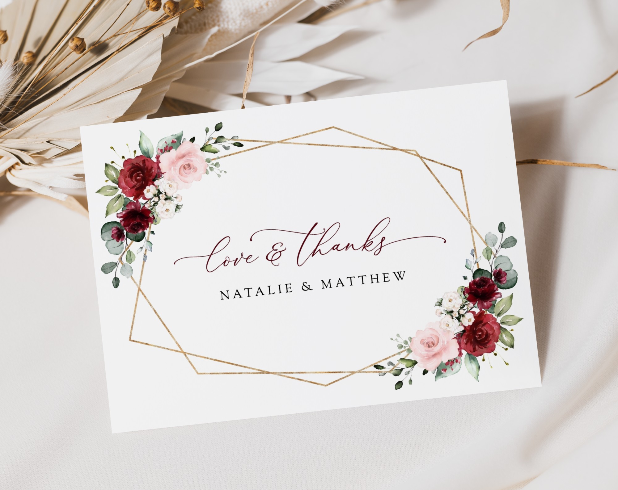 Burgundy and Pink Flowers Thank You Card, Wedding Stationery, Printable File, Edit Yourself, SH36 Burgundy and Pink Flowers Thank You Card, Wedding Stationery, Printable File, Edit Yourself, SH36