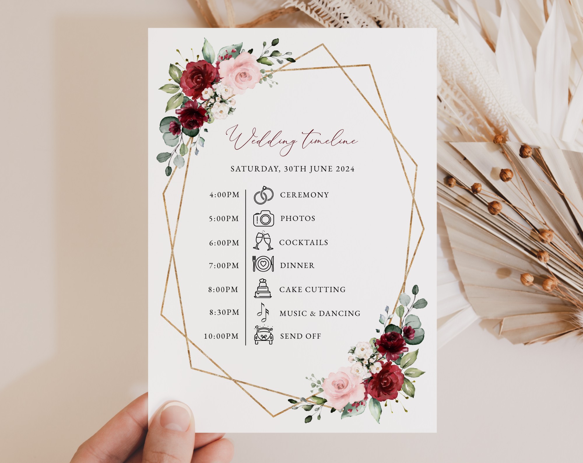 Burgundy and Pink Flowers Wedding Timeline, Wedding Stationery, Printable File, Edit Yourself, SH36 Burgundy and Pink Flowers Wedding Timeline, Wedding Stationery, Printable File, Edit Yourself, SH36