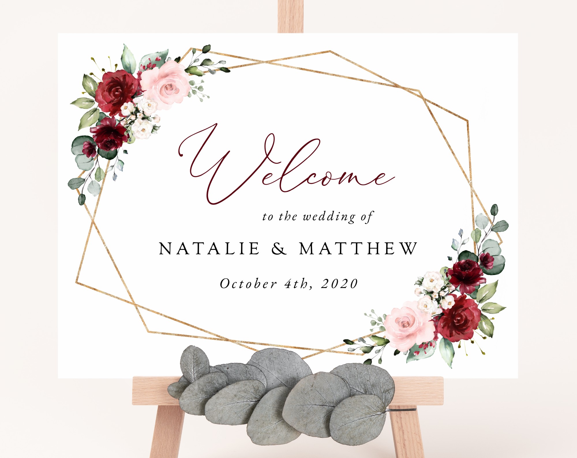 Burgundy and Pink Flowers Welcome Sign, Wedding Sign, Printable File, Edit Yourself, SH36