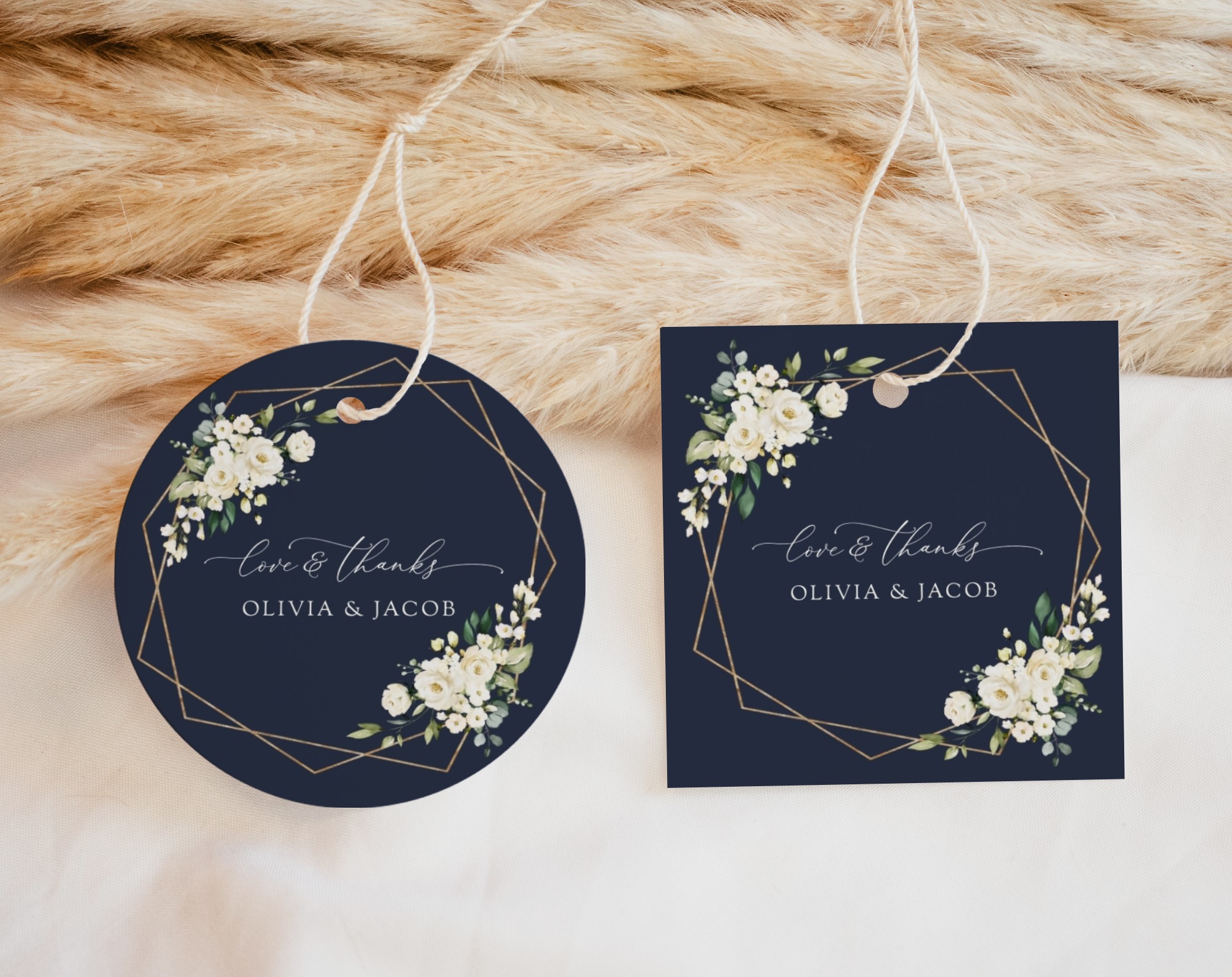 Navy and White Flowers Favor Tags, Gift Tags, Party Tags, Wedding, Printable File, Edit Yourself, SH41