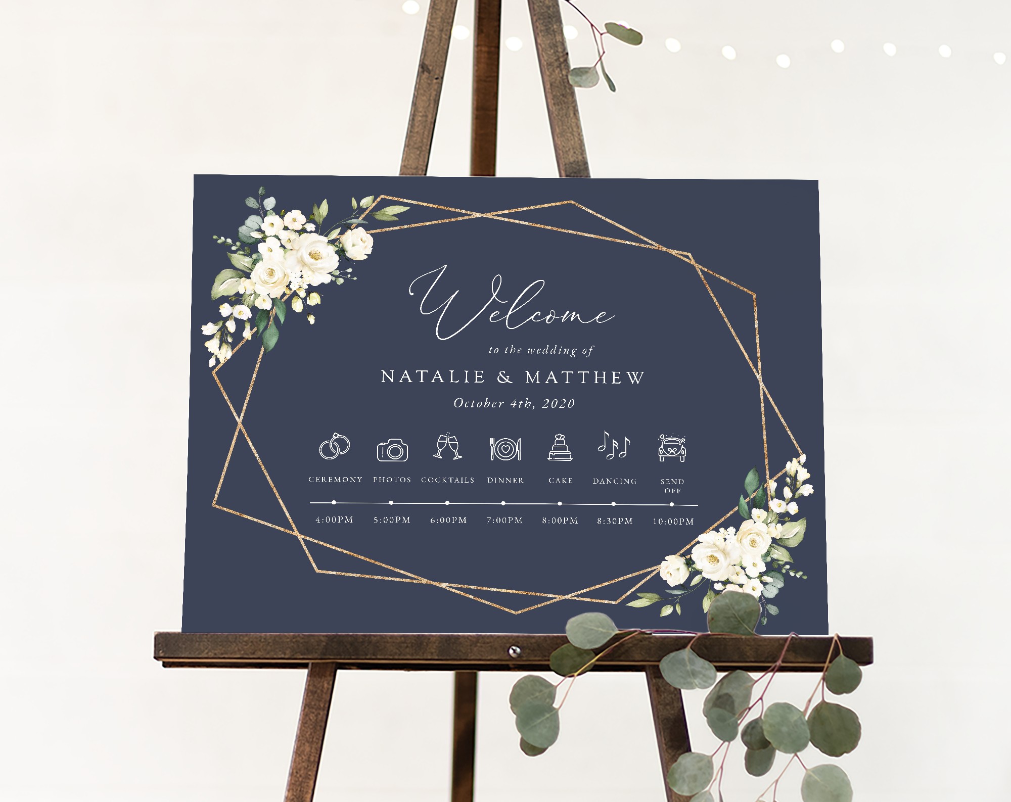 Navy and White Flowers Order of Events Sign, Welcome Sign, Printable File, Edit Yourself, SH41