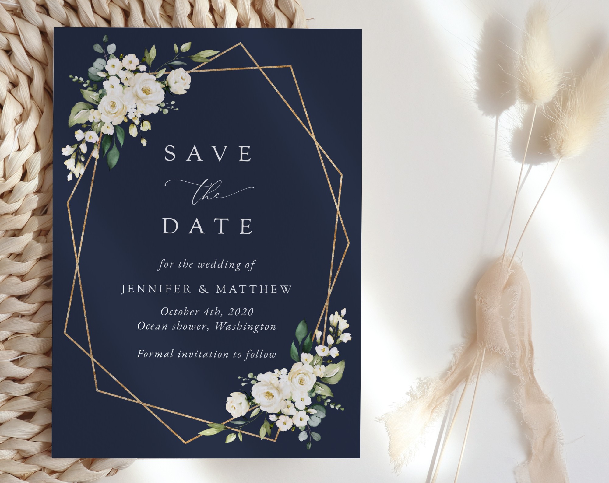 Navy and White Flowers Save the Date, Wedding Stationery, Printable File, Edit Yourself, SH41