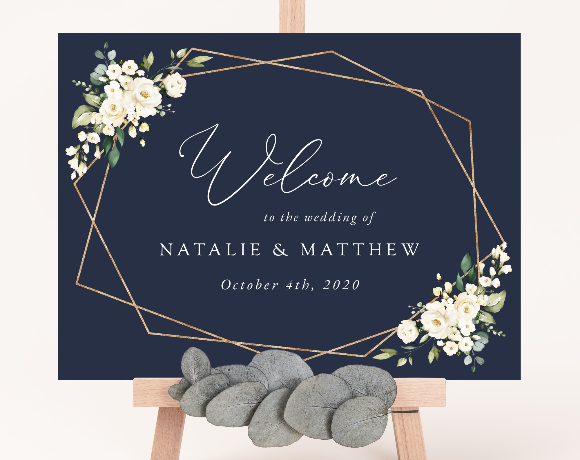 Navy and White Flowers Welcome Sign - Wedding Sign