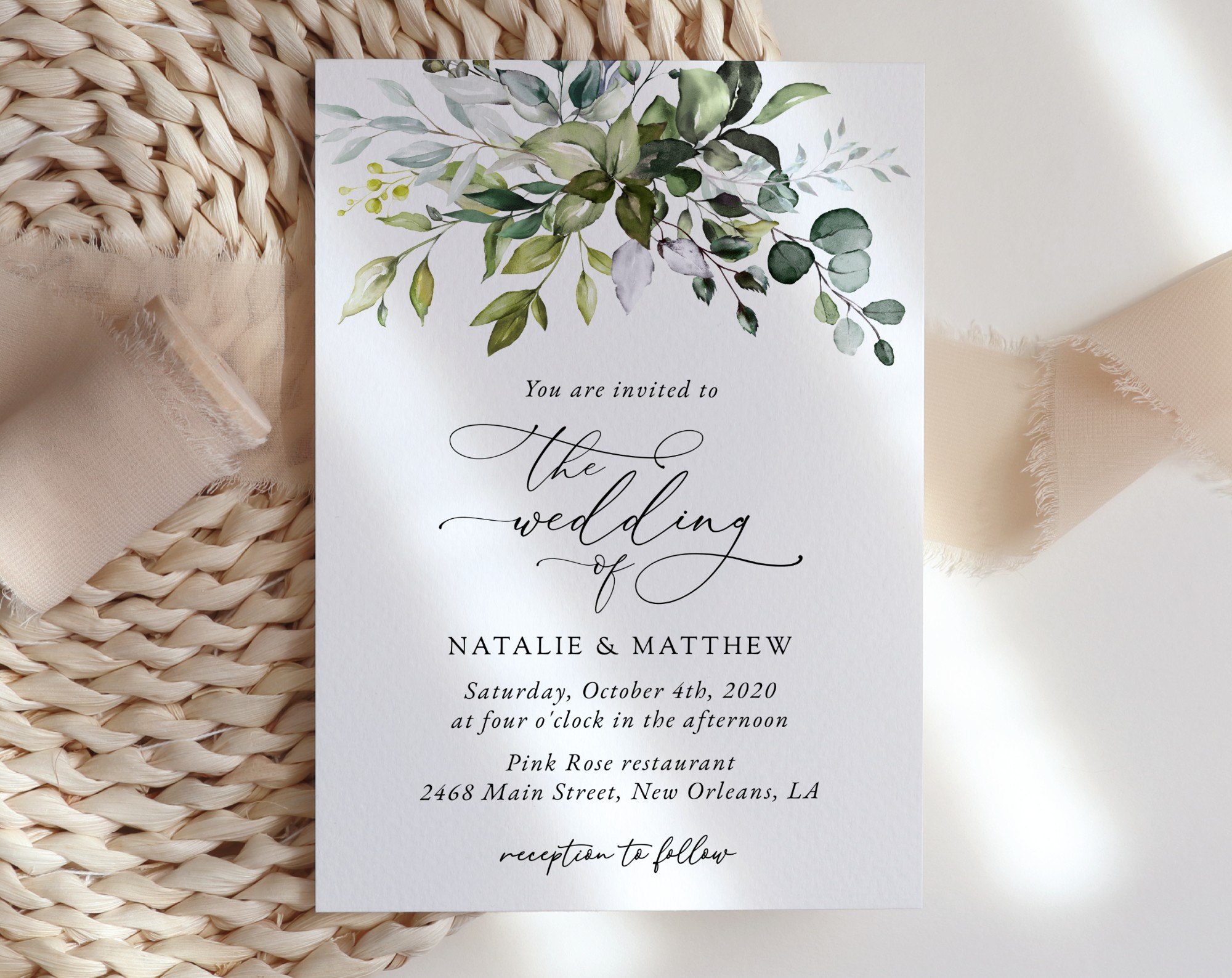 Eucalyptus Leaves Wedding Invitation Suite, Wedding Stationery, Printable File, Edit Yourself, SH45