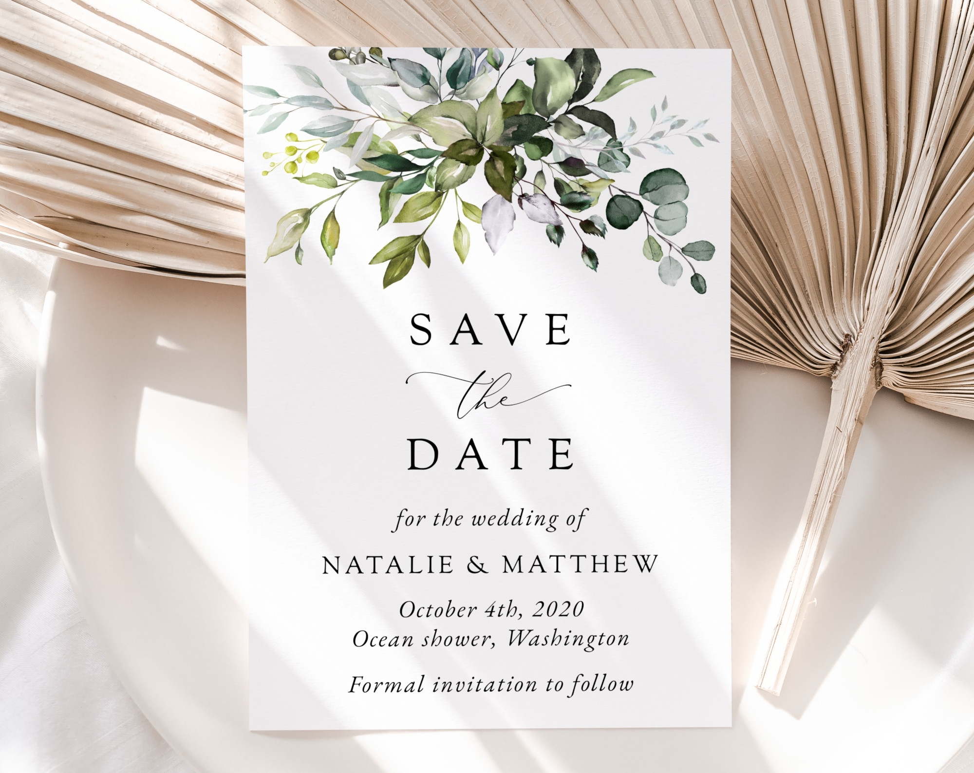 Eucalyptus Leaves Save the Date, Wedding Stationery, Printable File, Edit Yourself, SH45