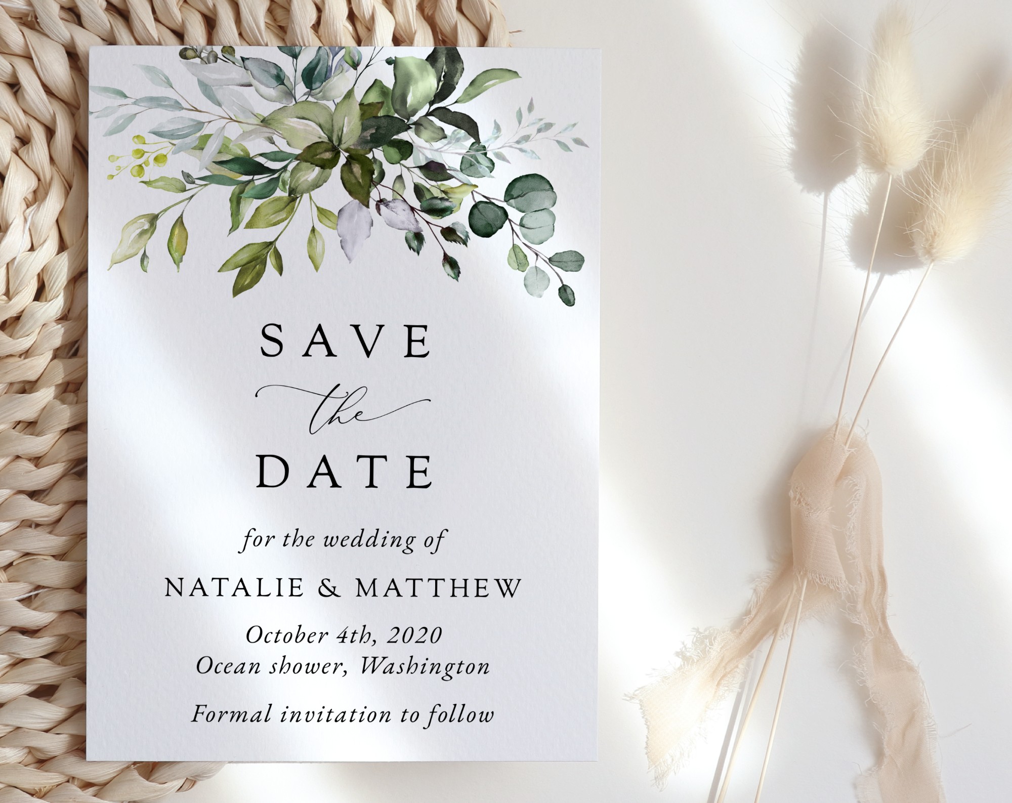 Eucalyptus Leaves Save the Date, Wedding Stationery, Printable File, Edit Yourself, SH45