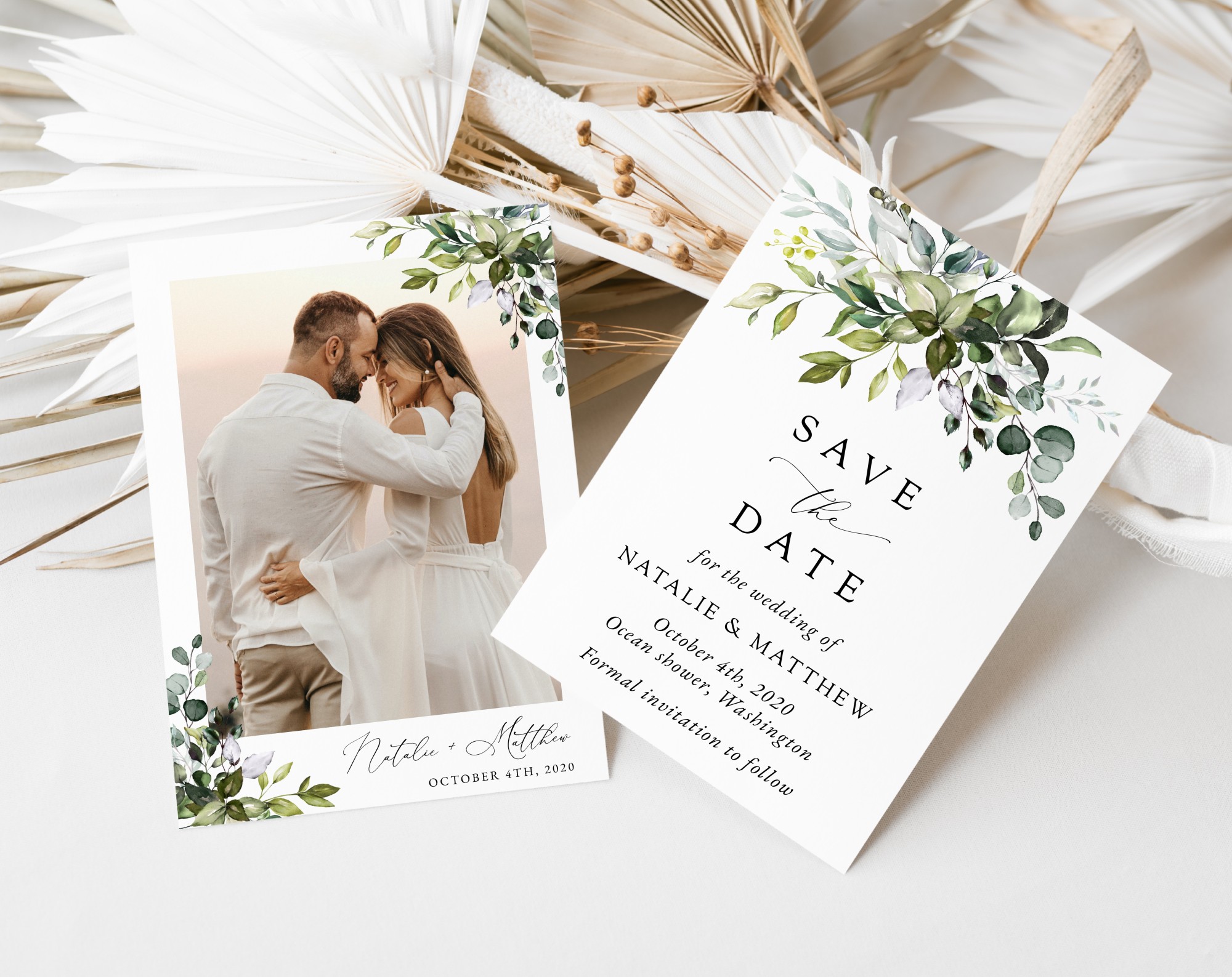 Eucalyptus Leaves Save the Date, Wedding Stationery, Printable File, Edit Yourself, SH45