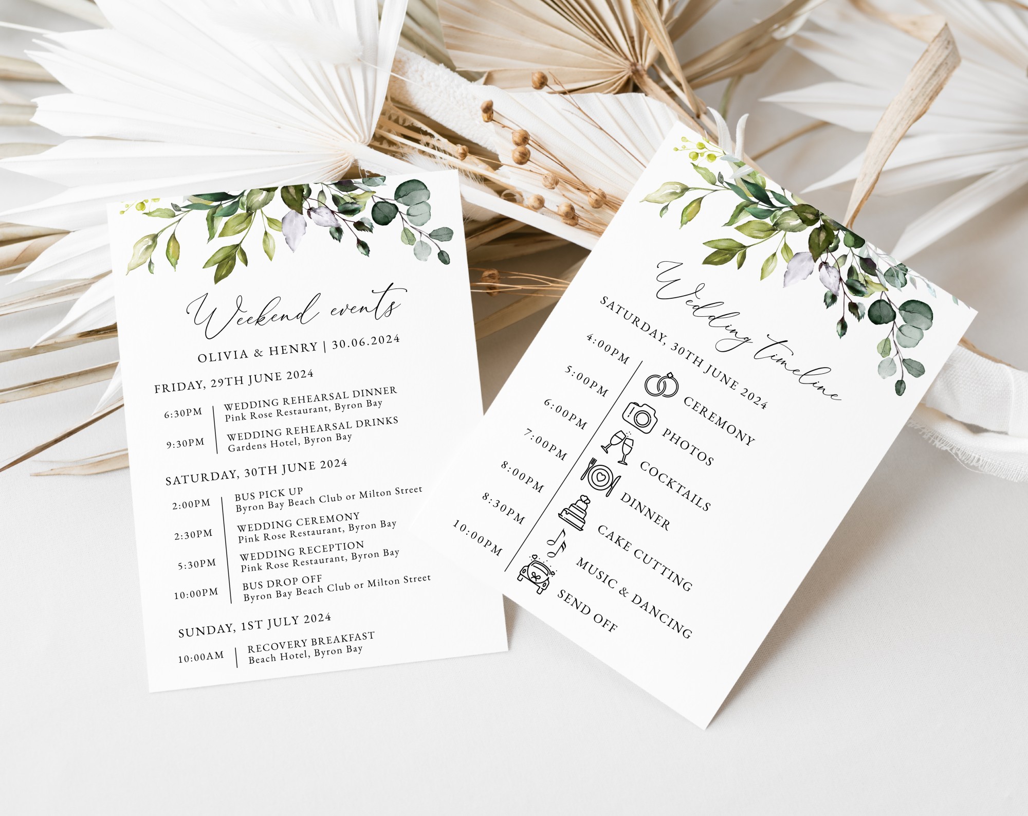 Eucalyptus Leaves Wedding Timeline, Wedding Stationery, Printable File, Edit Yourself, SH45