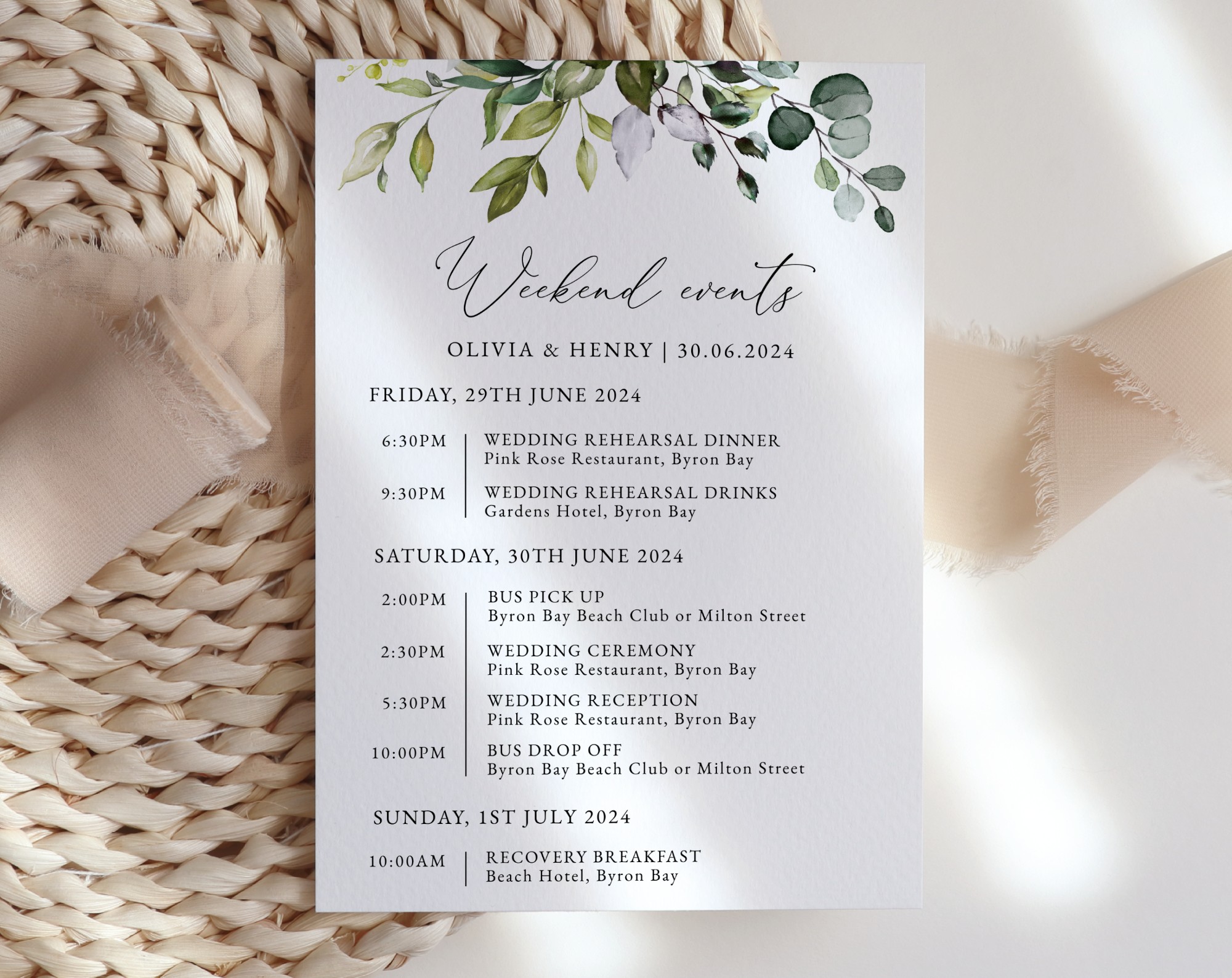 Eucalyptus Leaves Wedding Timeline, Wedding Stationery, Printable File, Edit Yourself, SH45