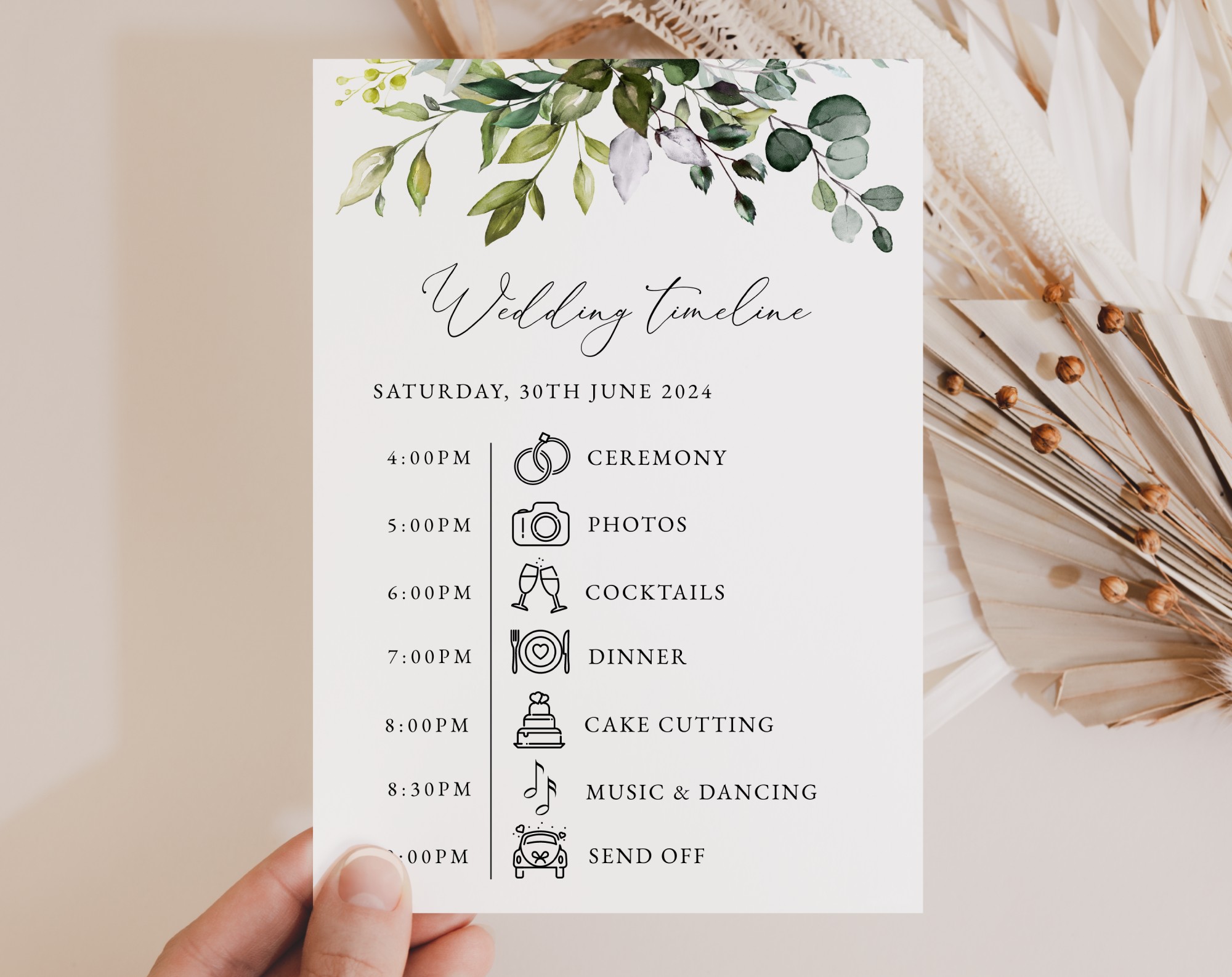 Eucalyptus Leaves Wedding Timeline, Wedding Stationery, Printable File, Edit Yourself, SH45