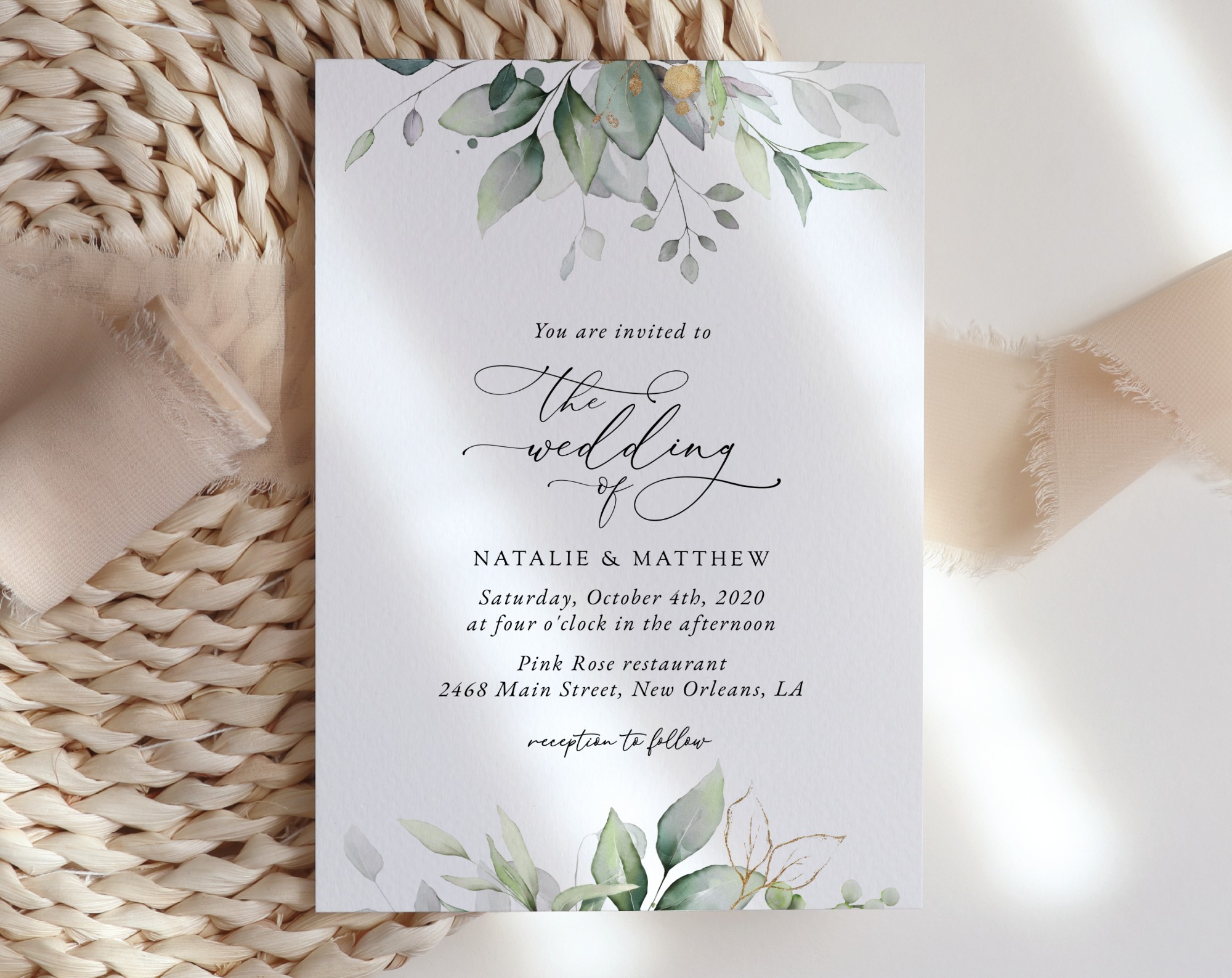 Greenery and Gold Wedding Invitation Suite, Wedding Stationery, Printable File, Edit Yourself, SH46