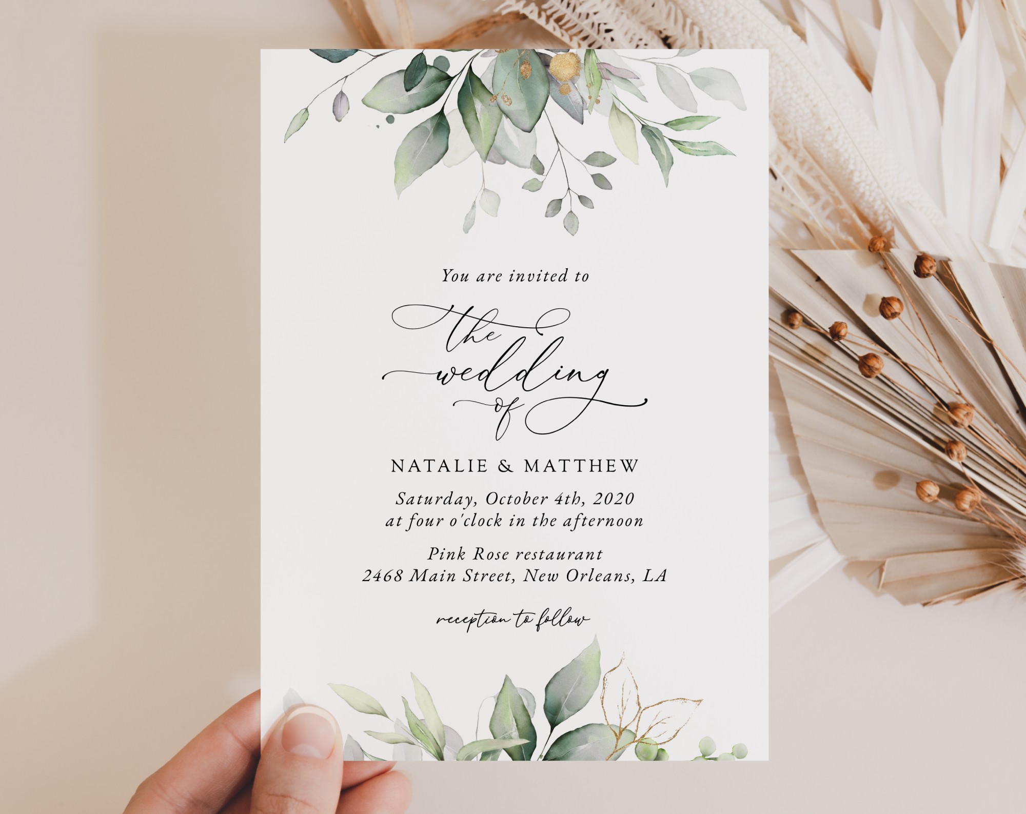 Greenery and Gold Wedding Invitation Suite, Wedding Stationery, Printable File, Edit Yourself, SH46