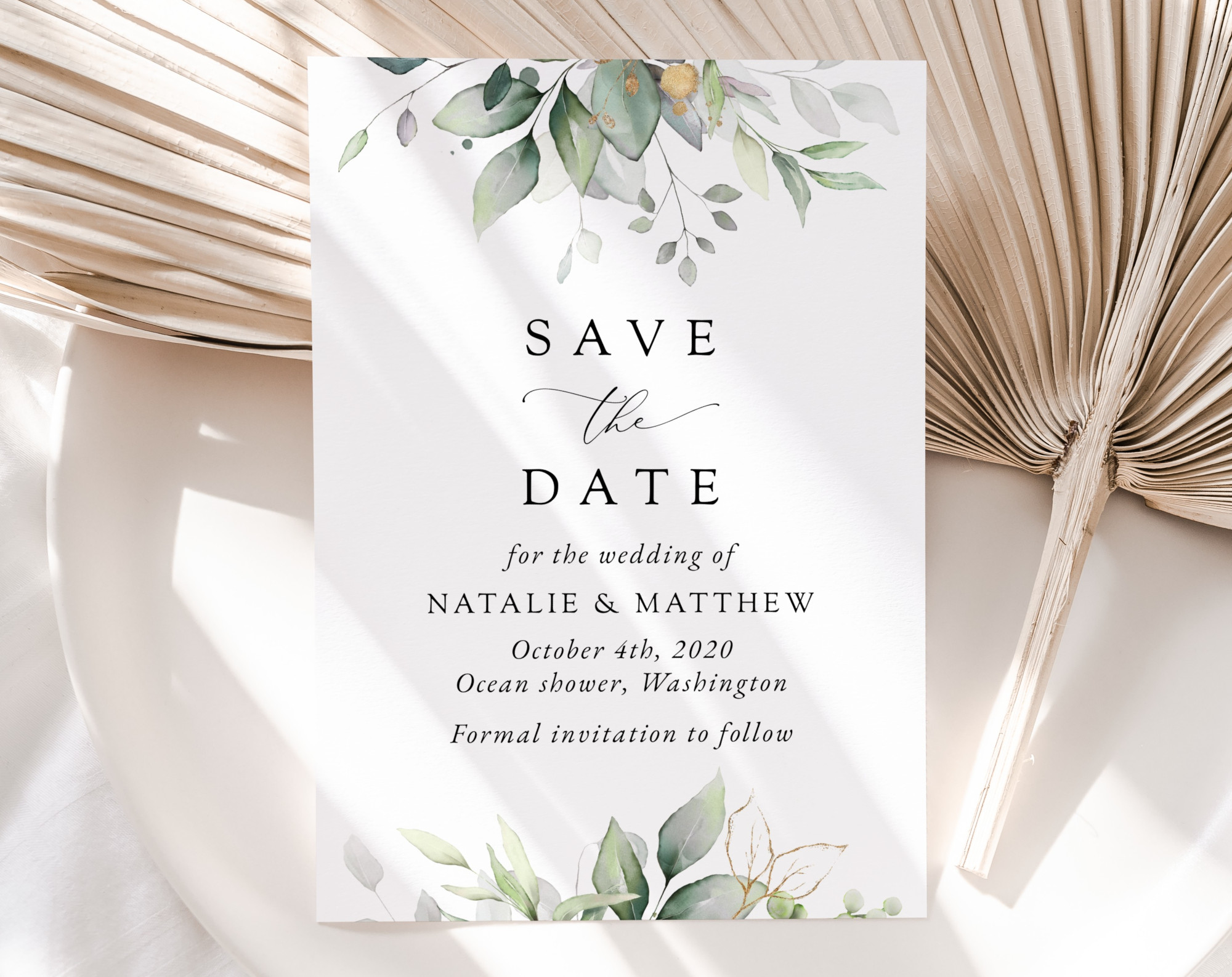 Greenery and Gold Save the Date, Wedding Stationery, Printable File, Edit Yourself, SH46