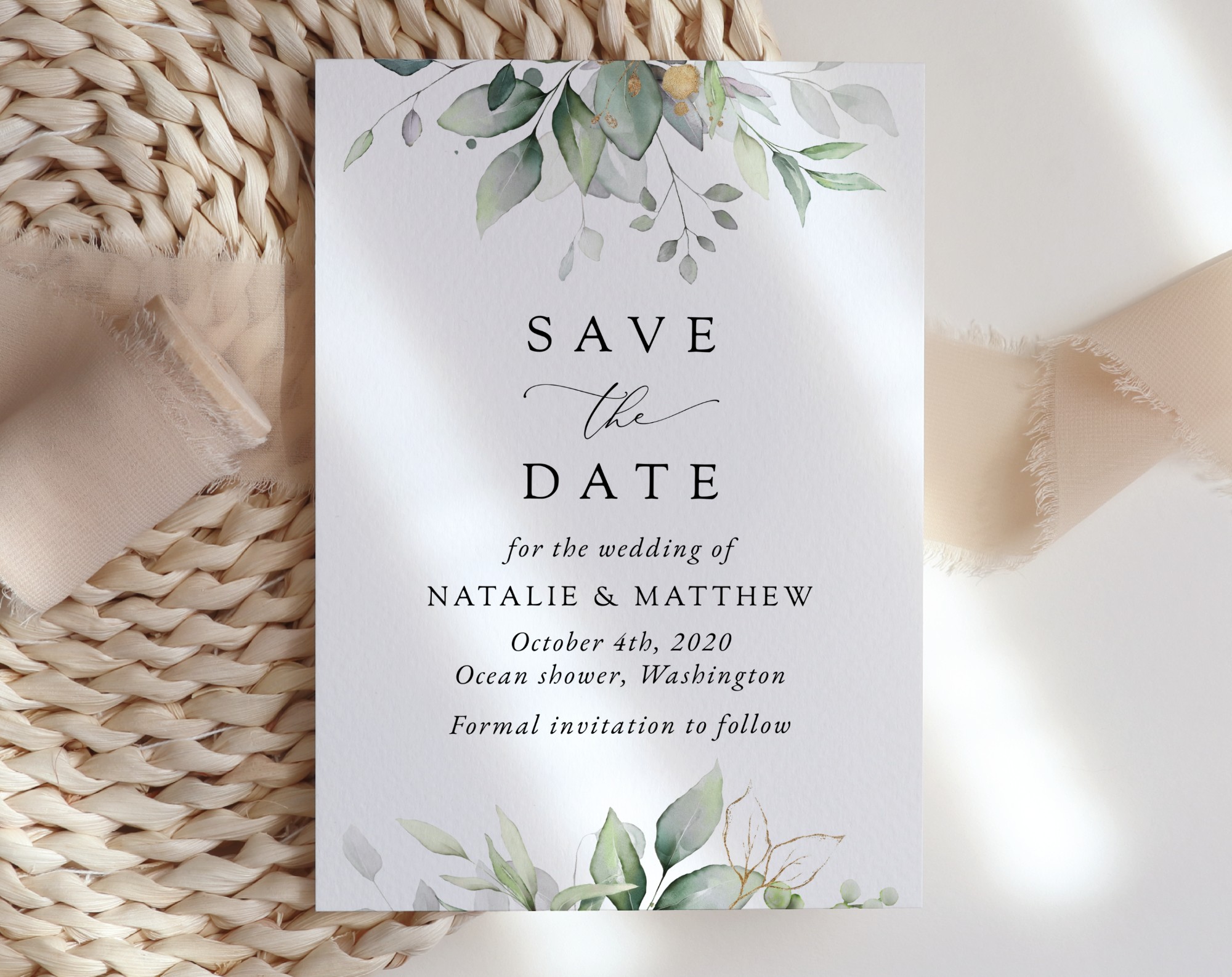 Greenery and Gold Save the Date, Wedding Stationery, Printable File, Edit Yourself, SH46