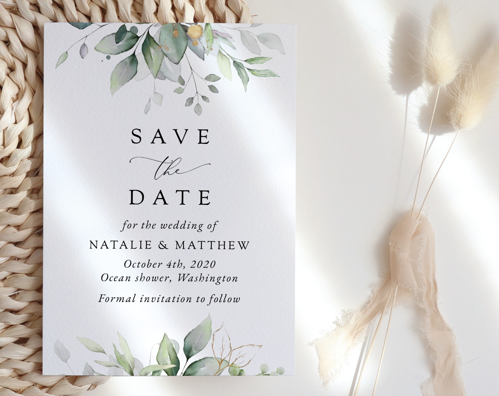 Greenery and Gold Save the Date, Wedding Stationery, Printable File, Edit Yourself, SH46 Greenery and Gold Save the Date, Wedding Stationery, Printable File, Edit Yourself, SH46