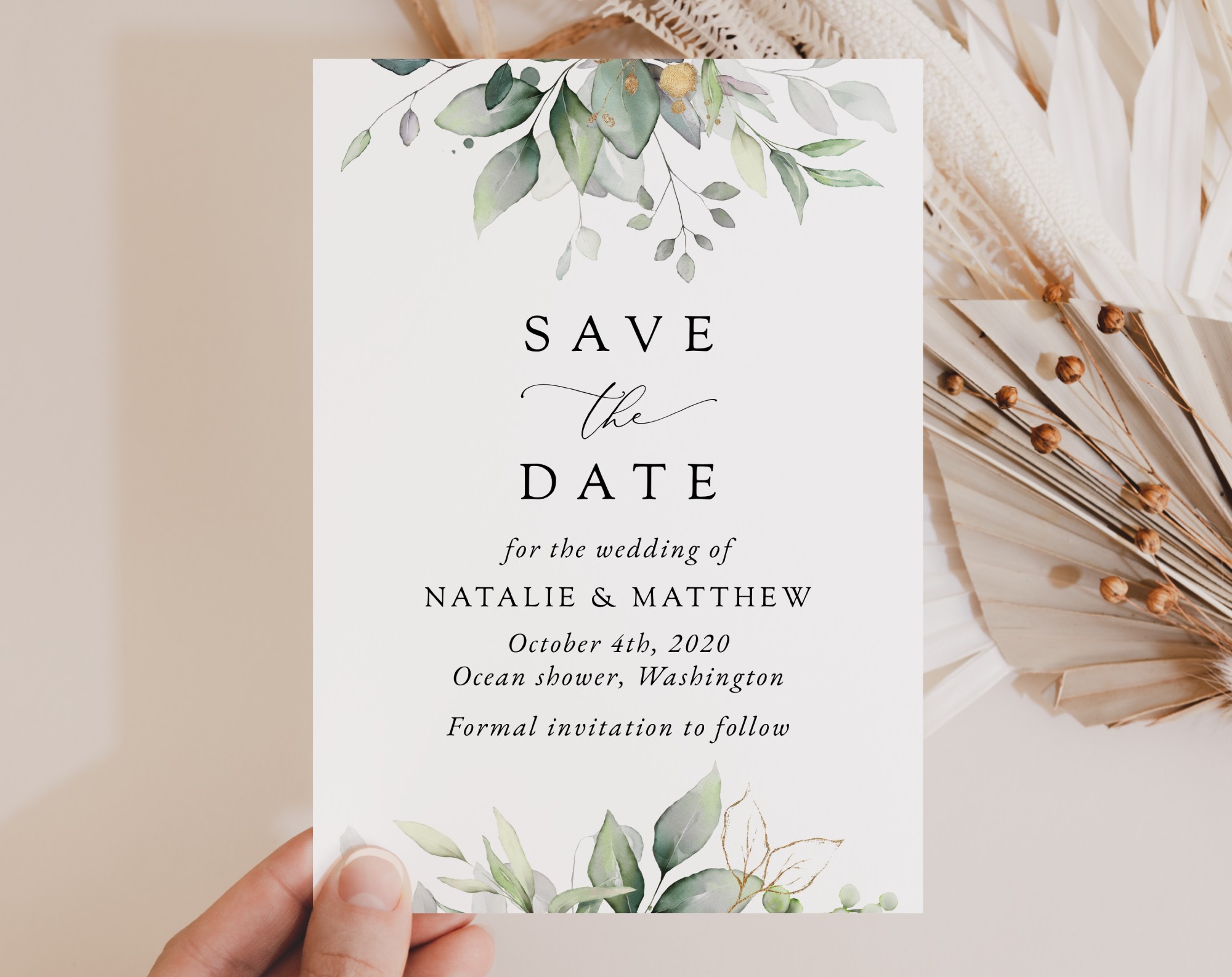 Greenery and Gold Save the Date, Wedding Stationery, Printable File, Edit Yourself, SH46