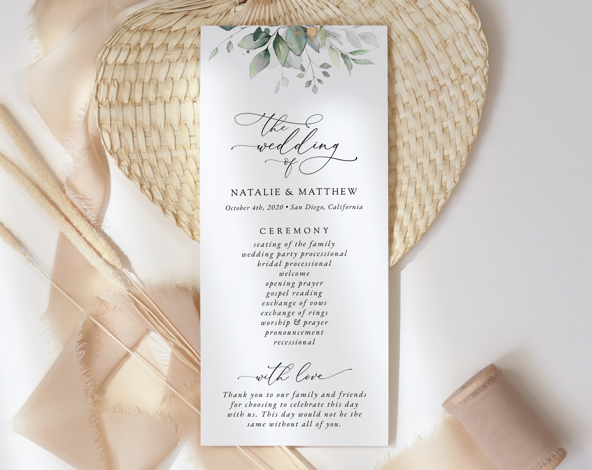 Greenery and Gold Wedding Program, Wedding Stationery, Printable File, Edit Yourself, SH46