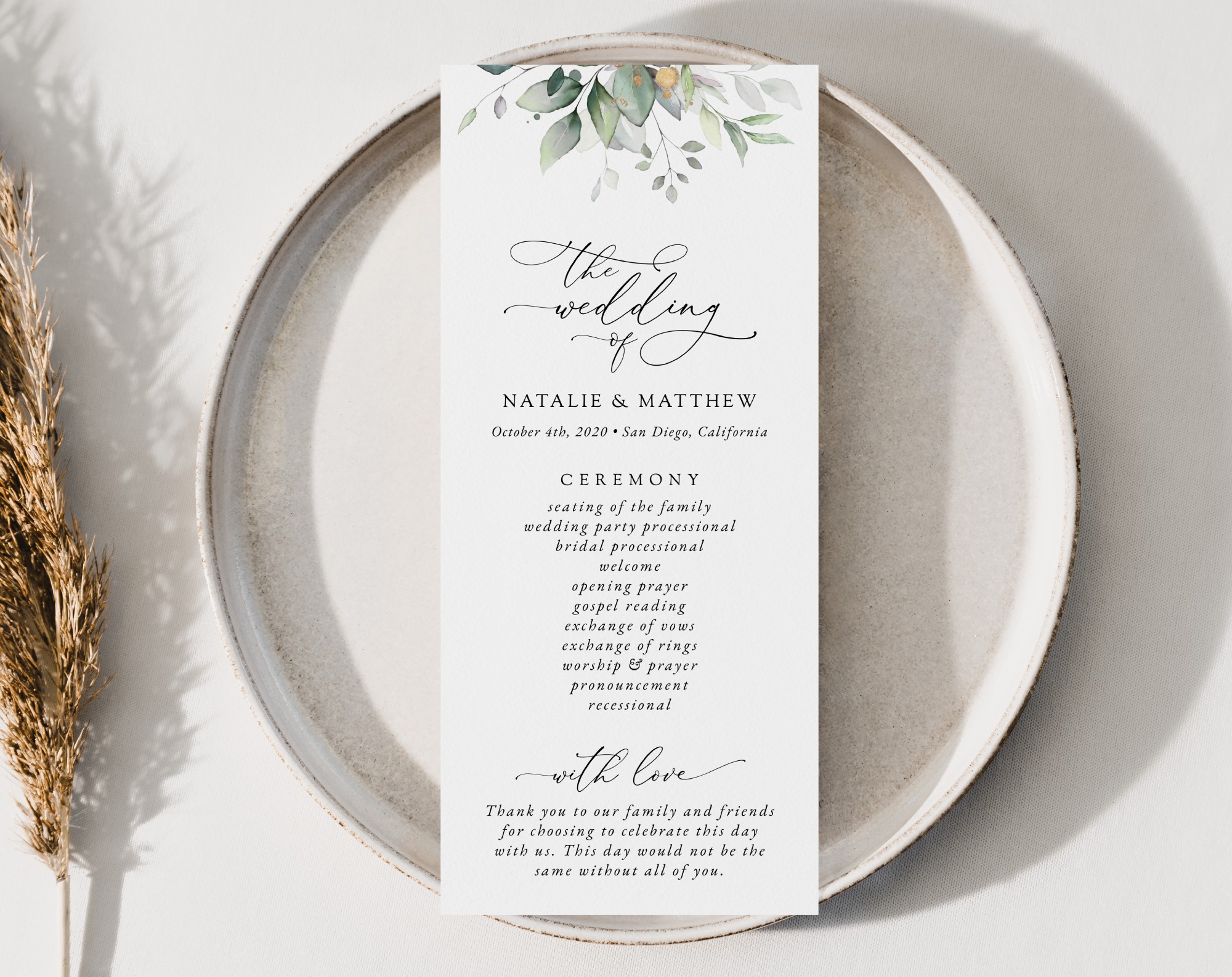 Greenery and Gold Wedding Program, Wedding Stationery, Printable File, Edit Yourself, SH46