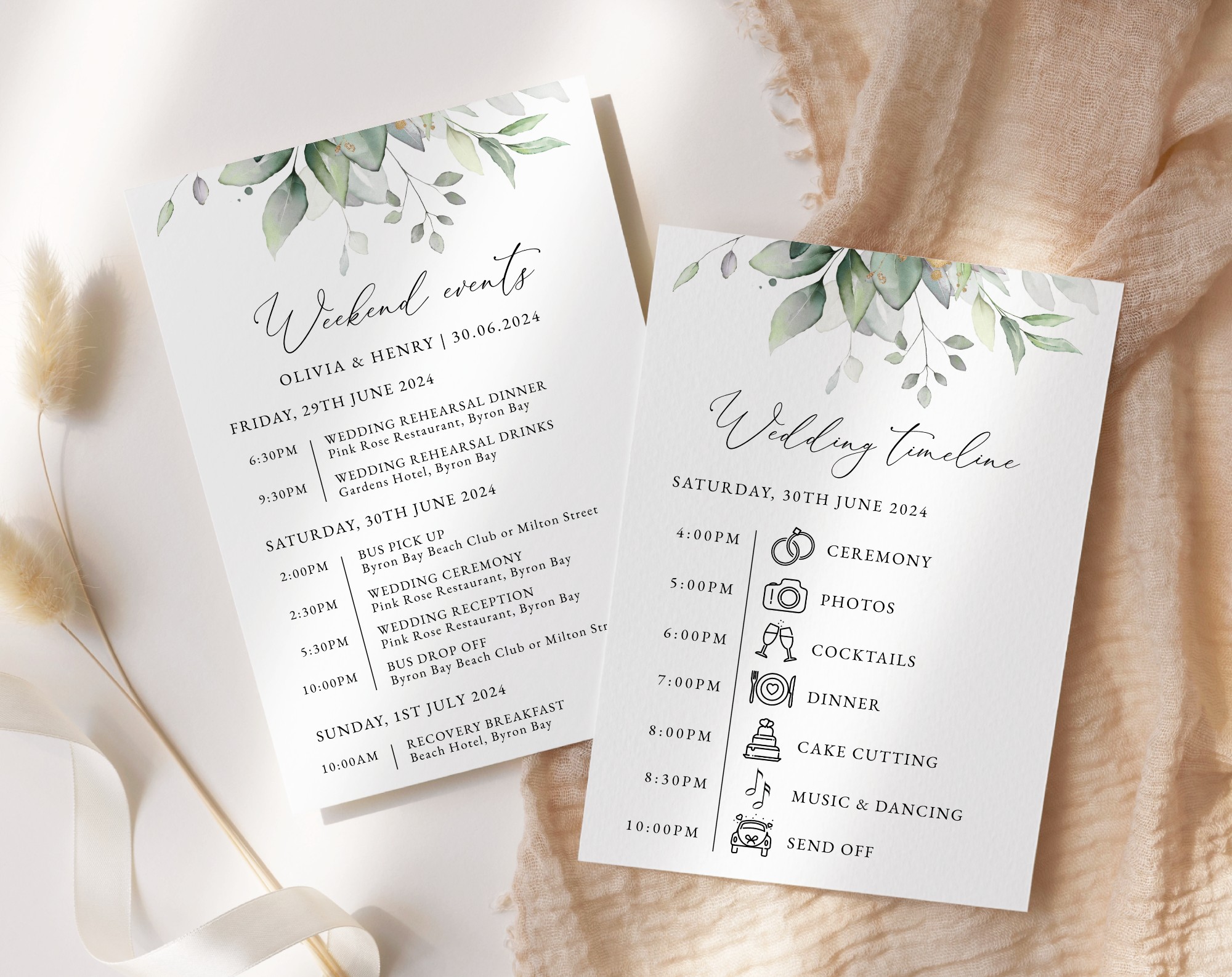Greenery and Gold Wedding Timeline, Wedding Stationery, Printable File, Edit Yourself, SH46 Greenery and Gold Wedding Timeline, Wedding Stationery, Printable File, Edit Yourself, SH46