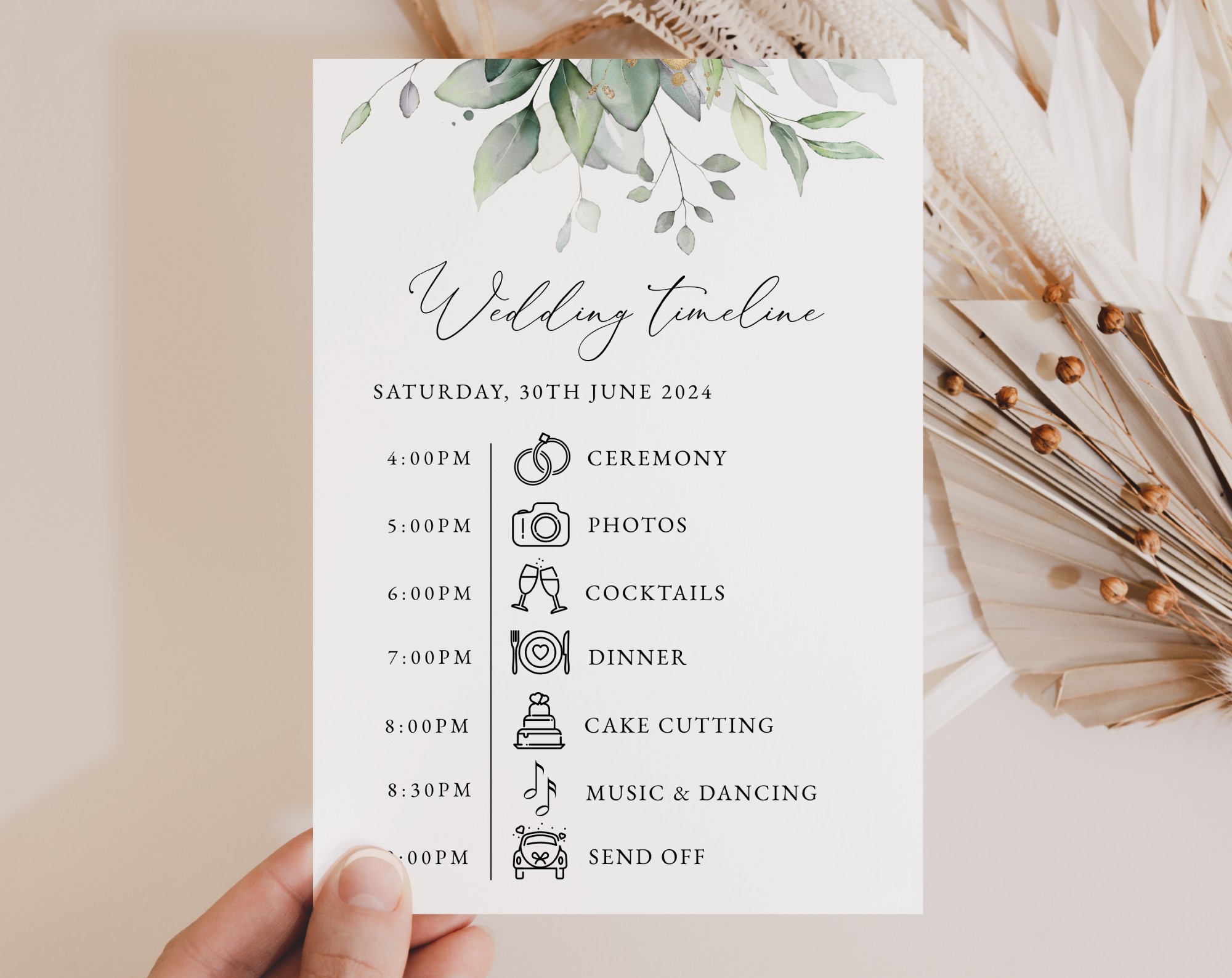 greenery-and-gold-wedding-timeline-itinerary-order-of-events