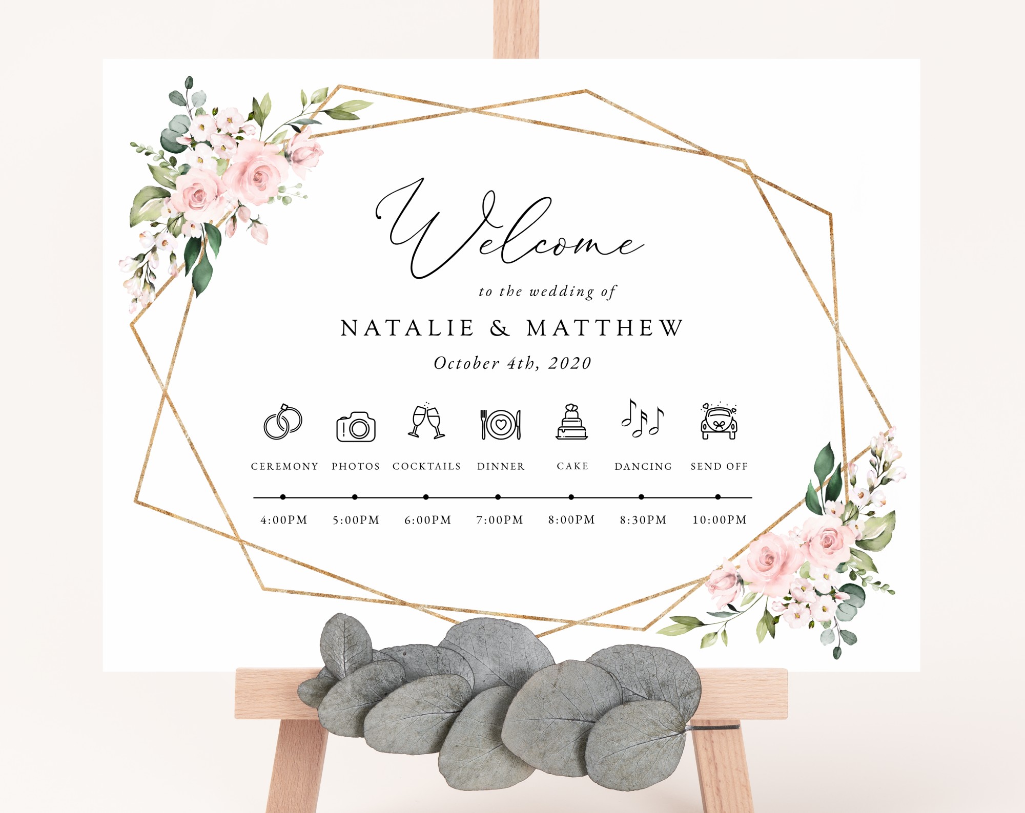 Pink Flowers Order of Events Sign, Welcome Sign, Printable File, Edit Yourself, SH48