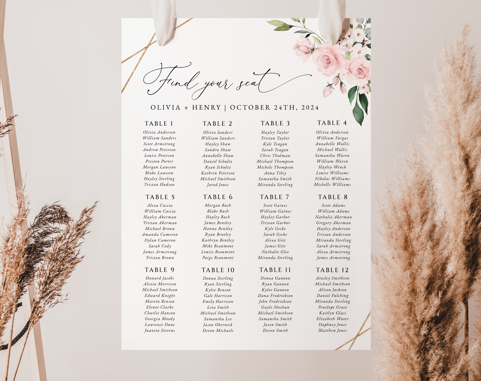 Pink Flowers Seating Chart, Wedding Sign, Printable File, Edit Yourself, SH48