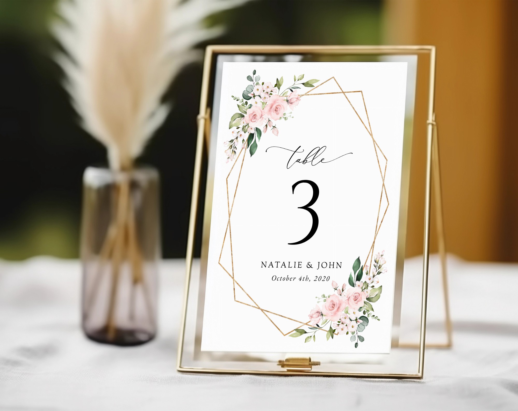 Pink Flowers Table Number Sign, Wedding Sign, Printable File, Edit Yourself, SH48