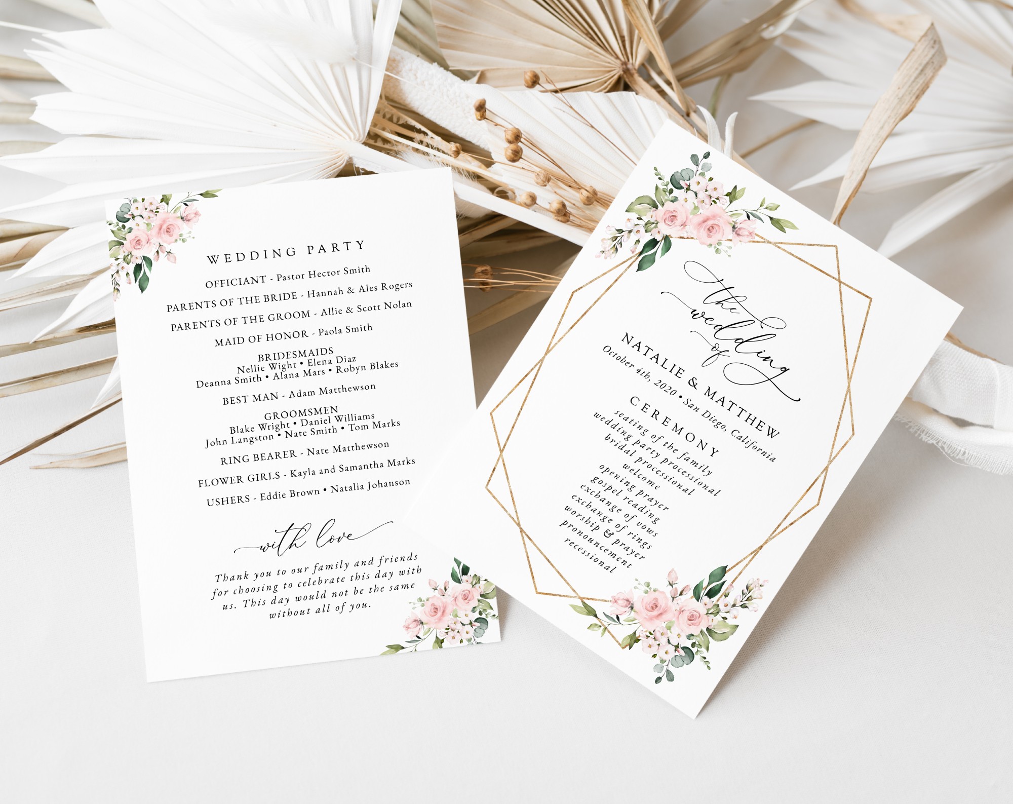 Pink Flowers Wedding Program, Wedding Stationery, Printable File, Edit Yourself, SH48