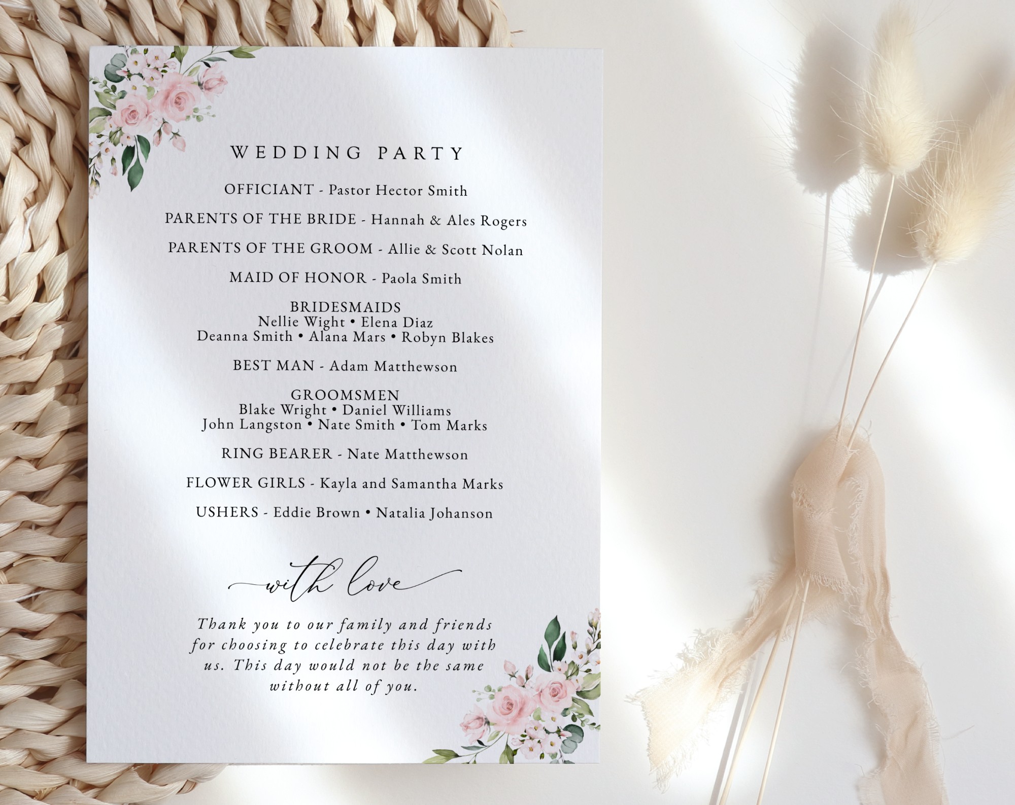 Pink Flowers Wedding Program, Wedding Stationery, Printable File, Edit Yourself, SH48