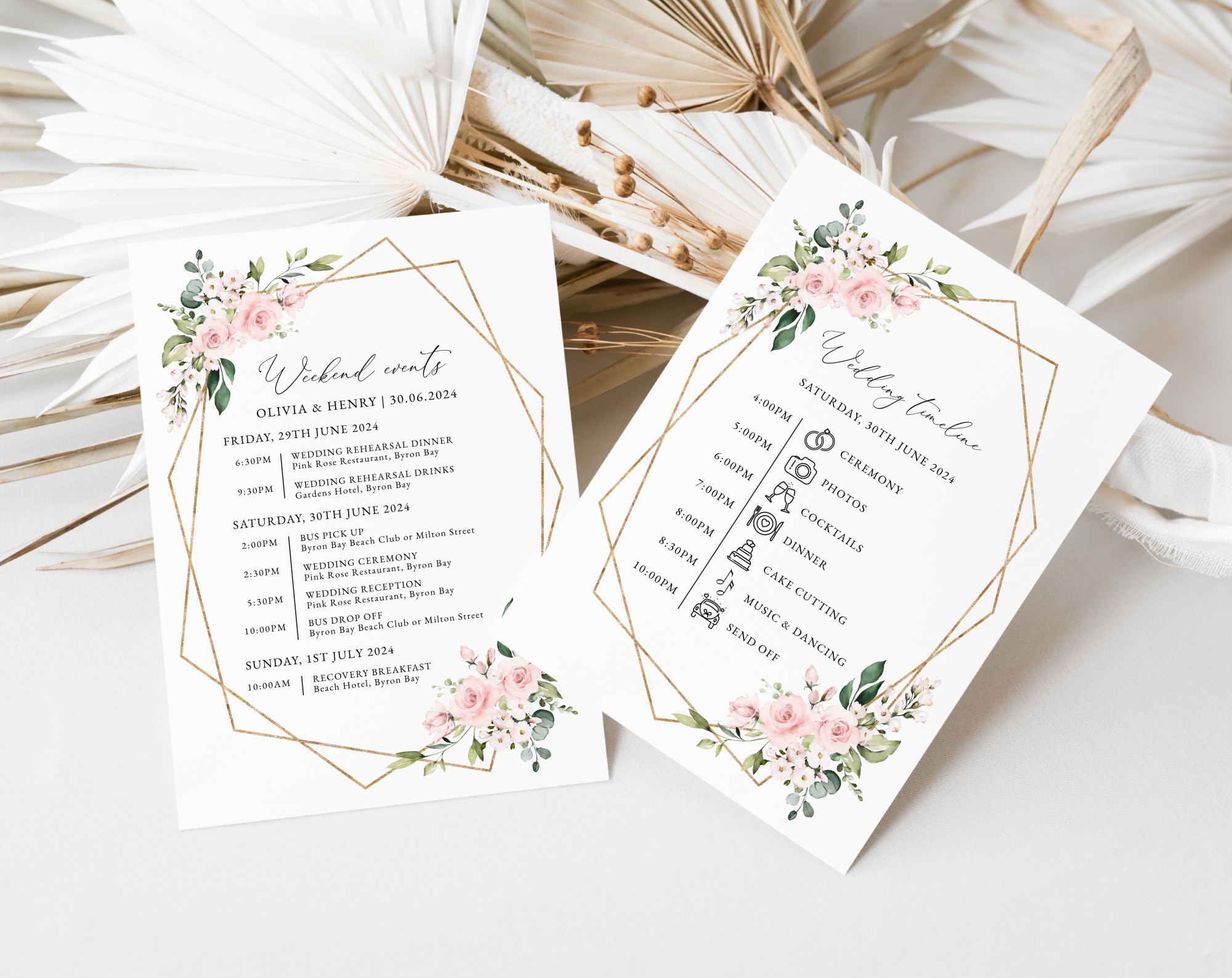 Pink Flowers Wedding Timeline, Wedding Stationery, Printable File, Edit Yourself, SH48