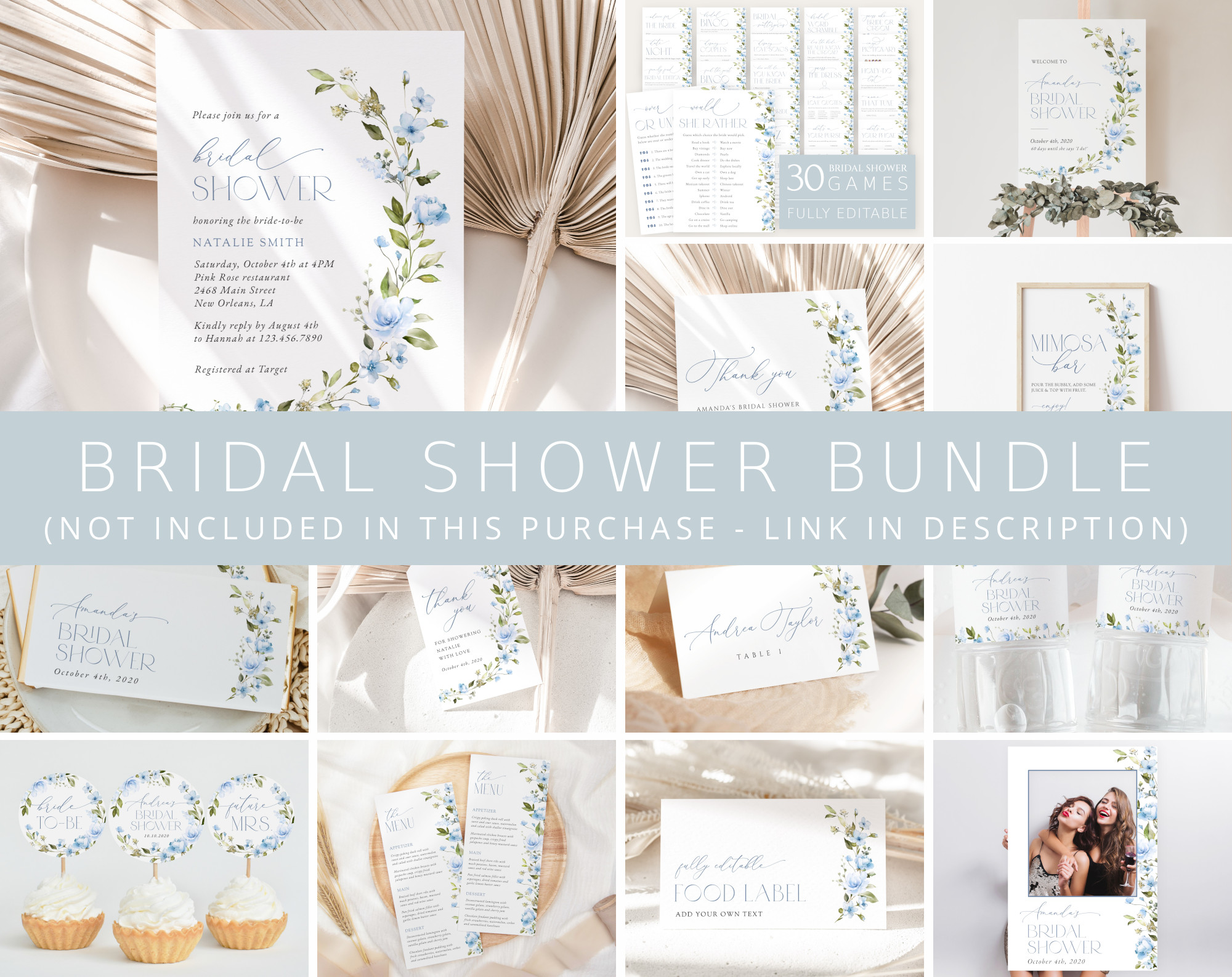 Blue Flowers Bridal Shower Bundle, Printable File, Edit Yourself, SH49 Blue Flowers Bridal Shower Bundle, Printable File, Edit Yourself, SH49