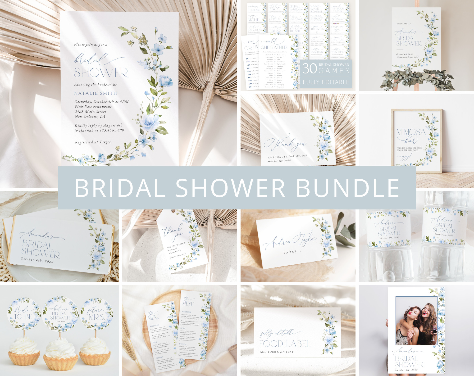 Blue Flowers Bridal Shower Bundle, Printable File, Edit Yourself, SH49
