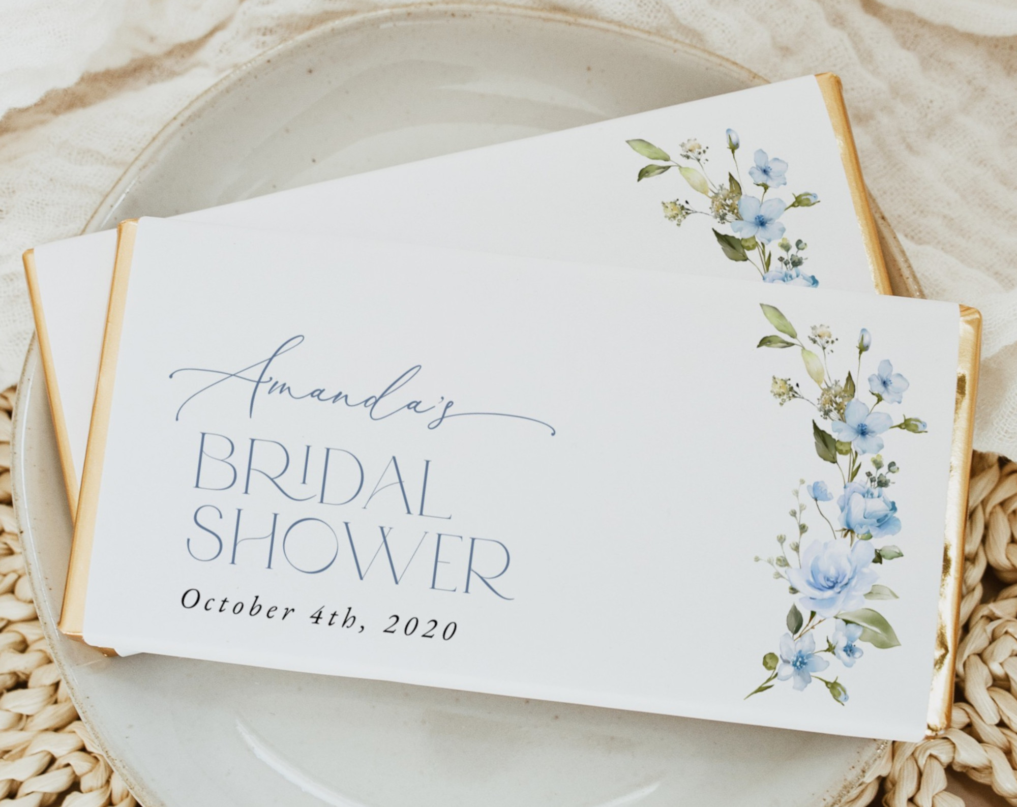 Blue Flowers Chocolate Bar Wrapper, Candy Bar Wrapper, Bridal Shower, Printable File, Edit Yourself, SH49