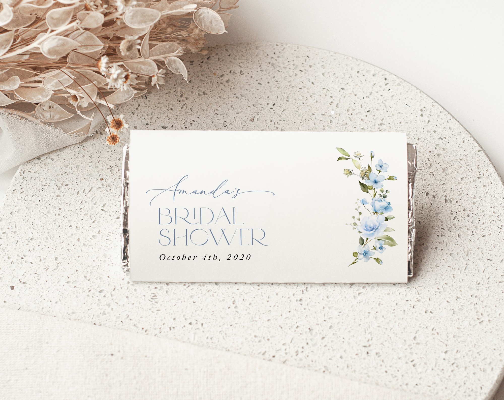Blue Flowers Chocolate Bar Wrapper, Candy Bar Wrapper, Bridal Shower, Printable File, Edit Yourself, SH49