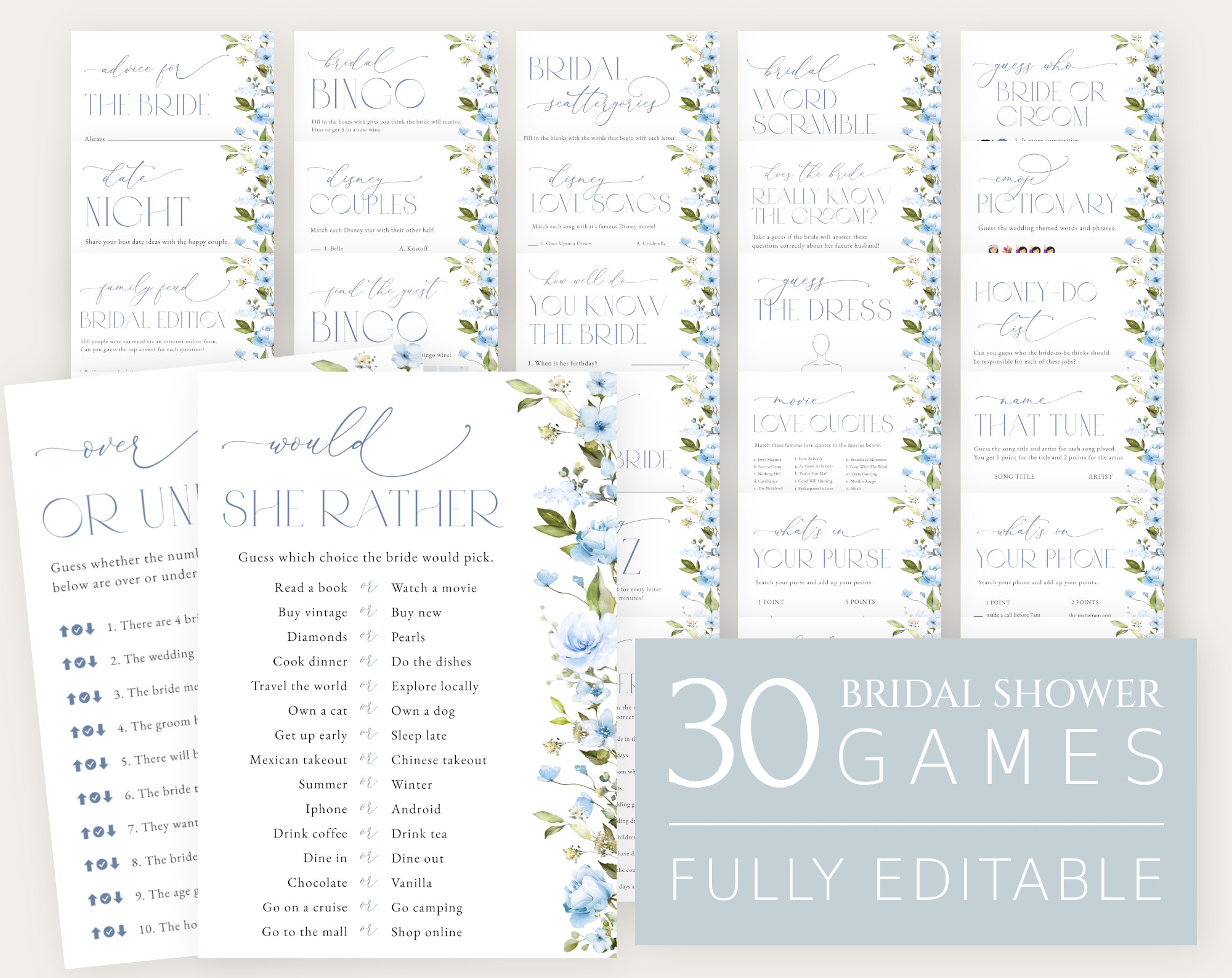 Blue Flowers Bridal Shower Games Bundle, Set of 30 Games, Printable File, Edit Yourself, SH49 Blue Flowers Bridal Shower Games Bundle, Set of 30 Games, Printable File, Edit Yourself, SH49